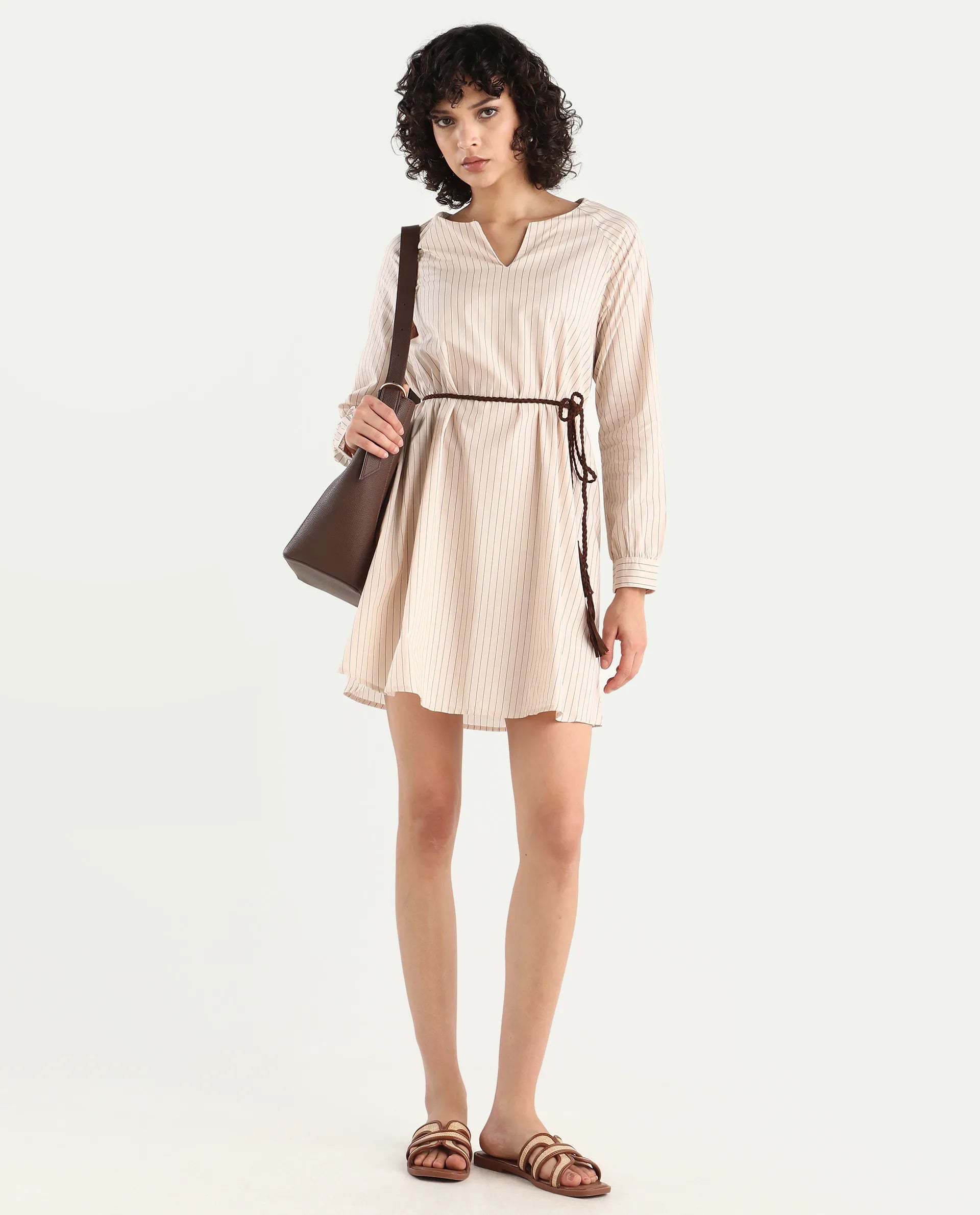 Rareism Women's Margaret Beige V-Neck Striped Mini A-Line Dress