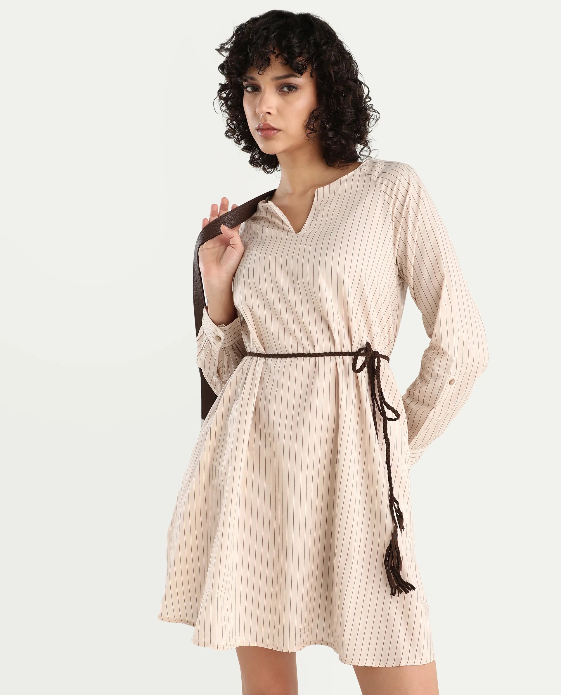 Rareism Women's Margaret Beige V-Neck Striped Mini A-Line Dress
