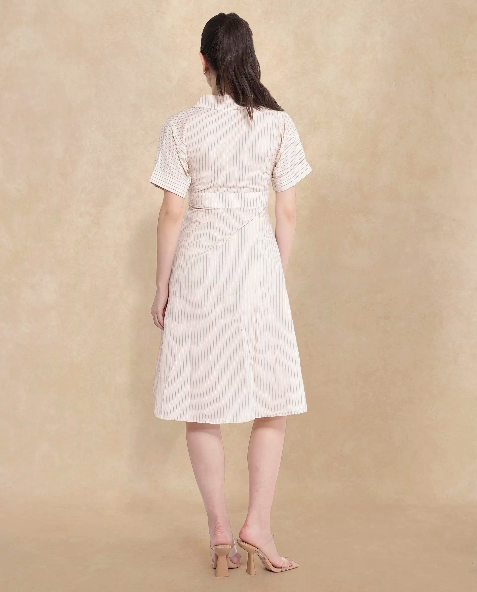 Rareism Women's Margareto Beige Cotton Blend Fabric Lapel Neck Button Closure Half Sleeve Striped Fit And Flare Midi Dress