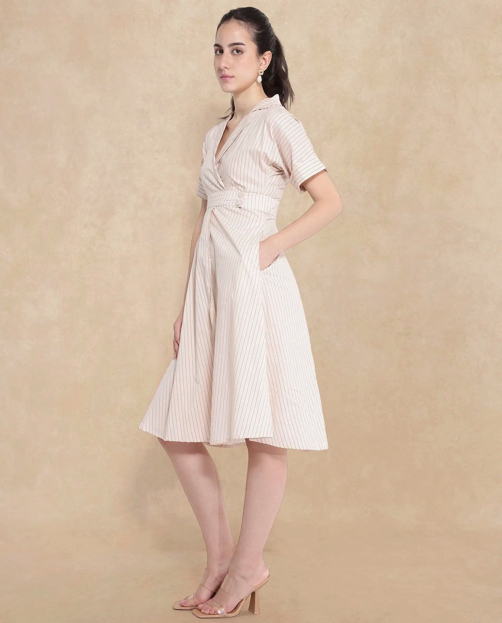 Rareism Women's Margareto Beige Cotton Blend Fabric Lapel Neck Button Closure Half Sleeve Striped Fit And Flare Midi Dress