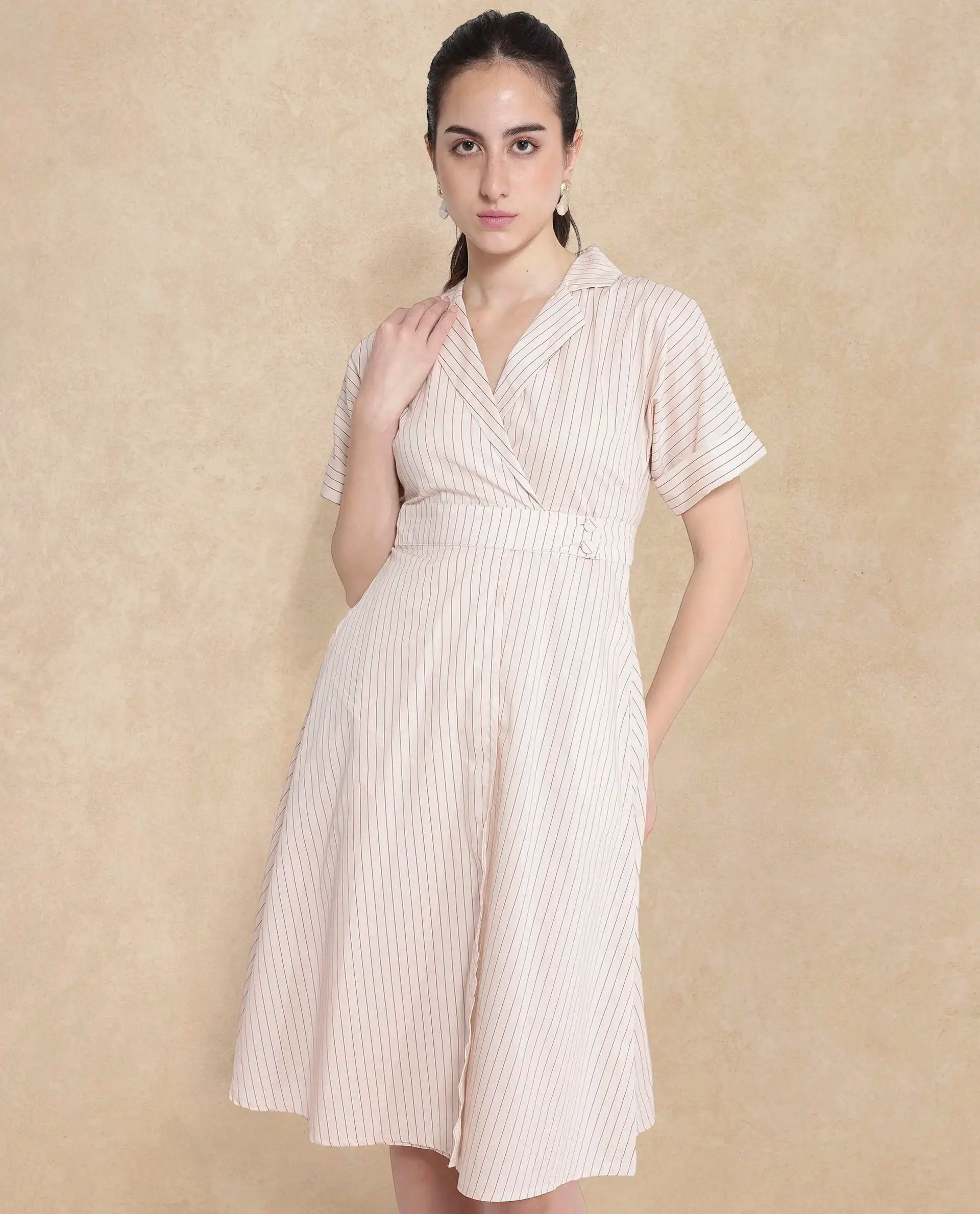 Rareism Women's Margareto Beige Cotton Blend Fabric Lapel Neck Button Closure Half Sleeve Striped Fit And Flare Midi Dress