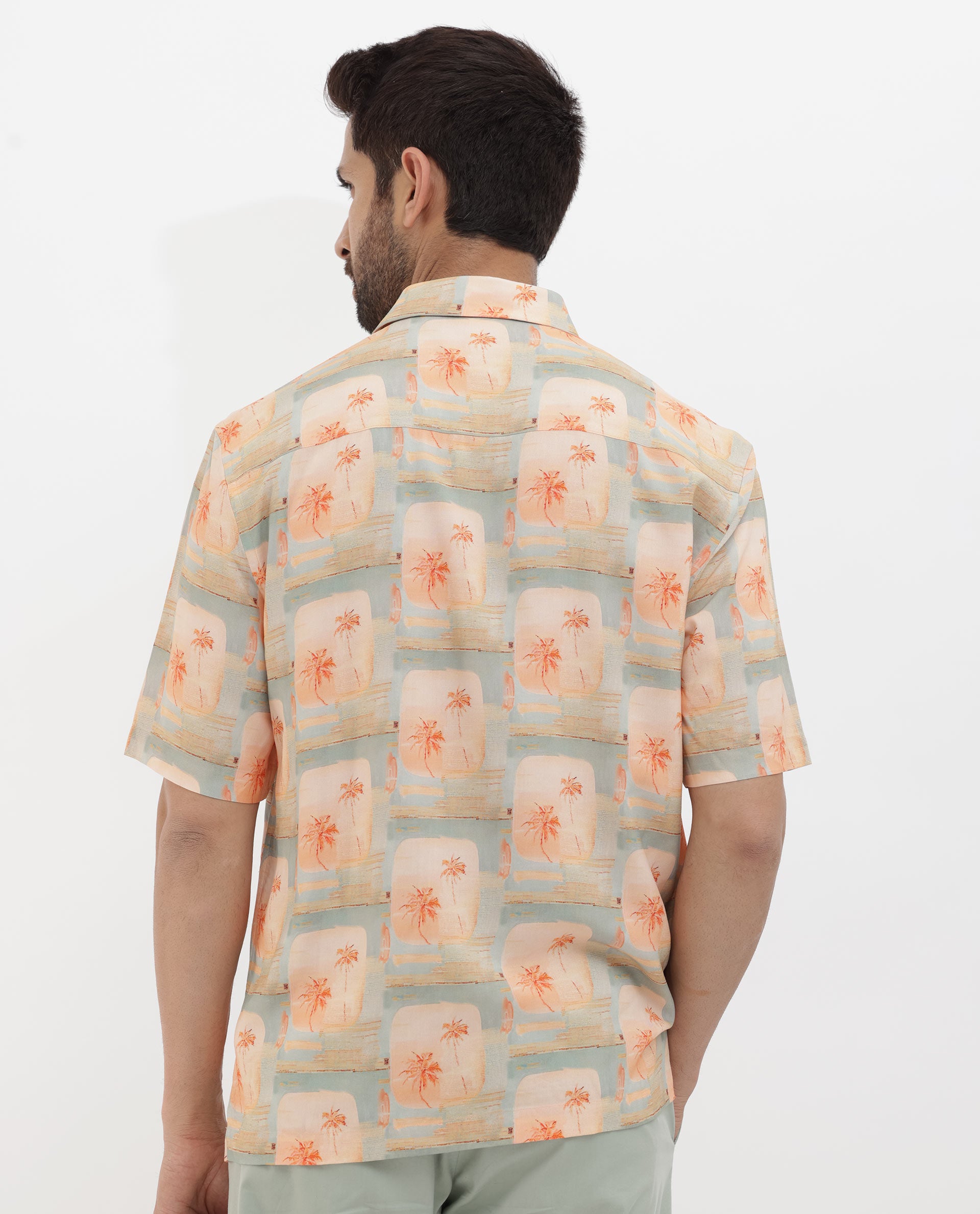 Rare Rabbit Men's Margon Light Peach Viscose Fabric Half Sleeves Boxy Fit Tropical Print Shirt