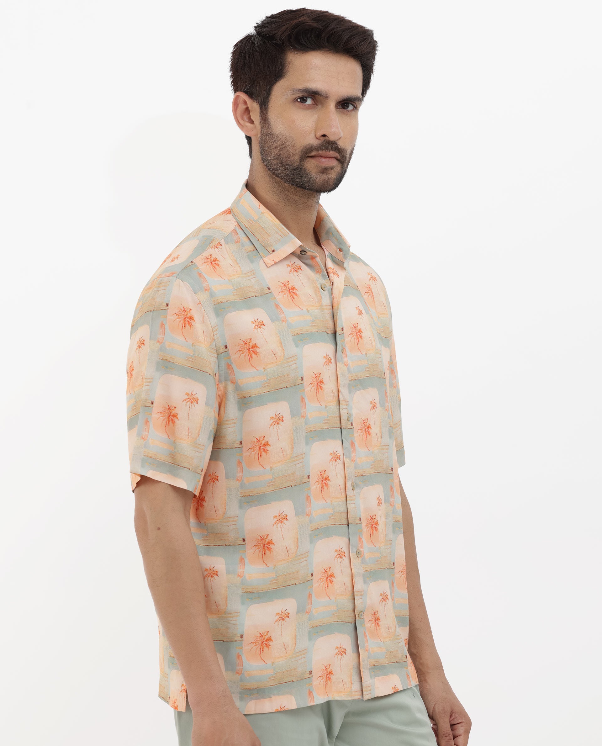 Rare Rabbit Men's Margon Light Peach Viscose Fabric Half Sleeves Boxy Fit Tropical Print Shirt