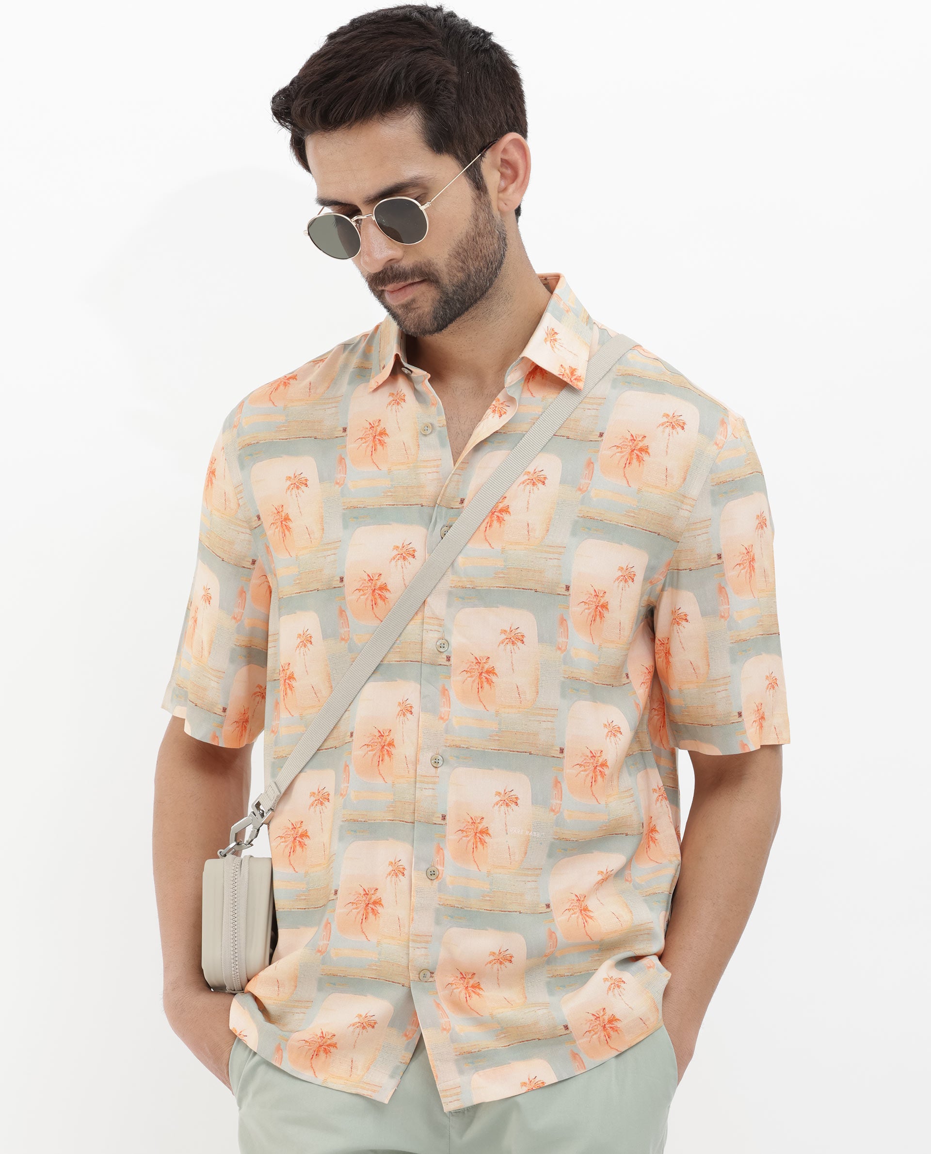 Rare Rabbit Men's Margon Light Peach Viscose Fabric Half Sleeves Boxy Fit Tropical Print Shirt