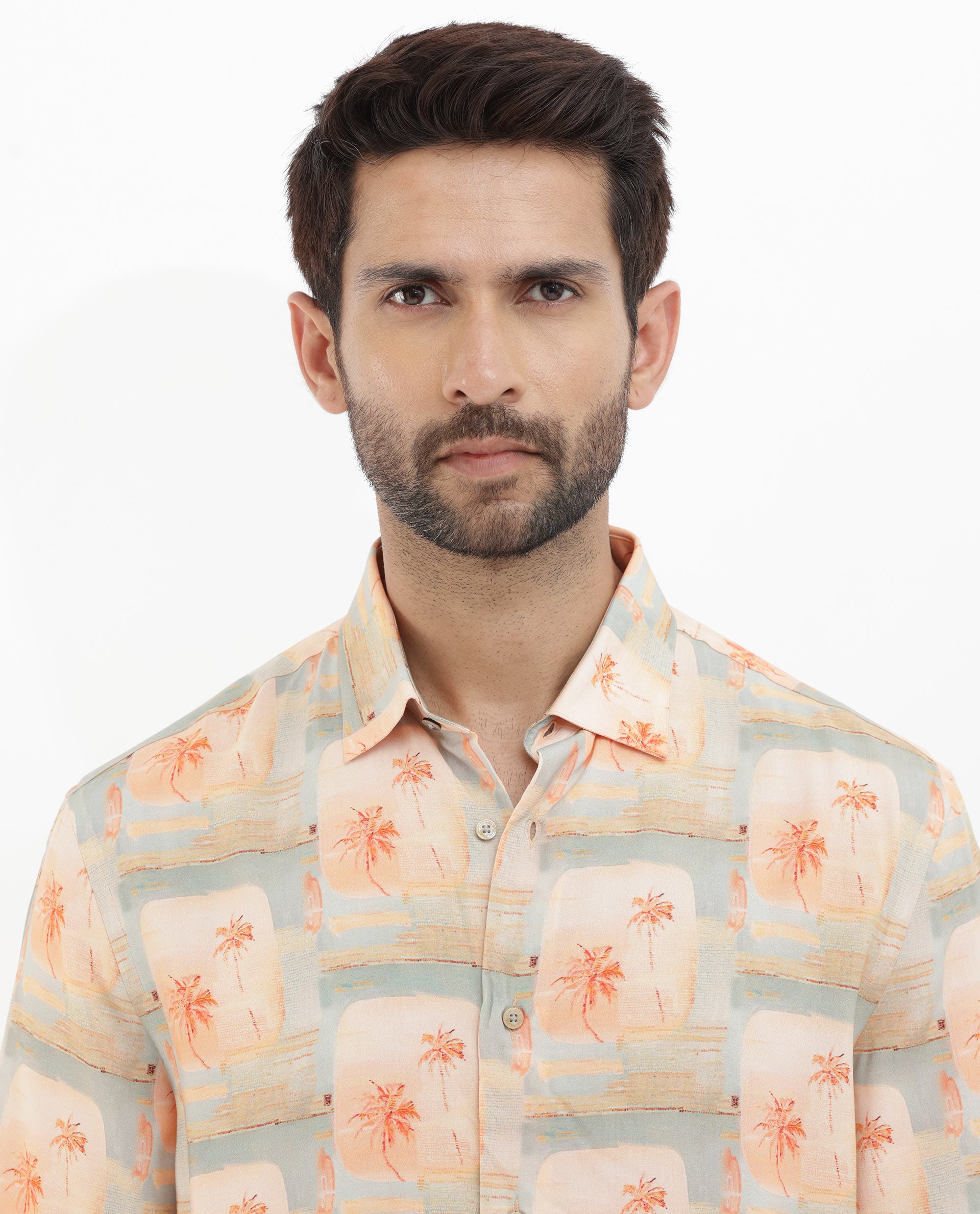 Rare Rabbit Men's Margon Light Peach Viscose Fabric Half Sleeves Boxy Fit Tropical Print Shirt