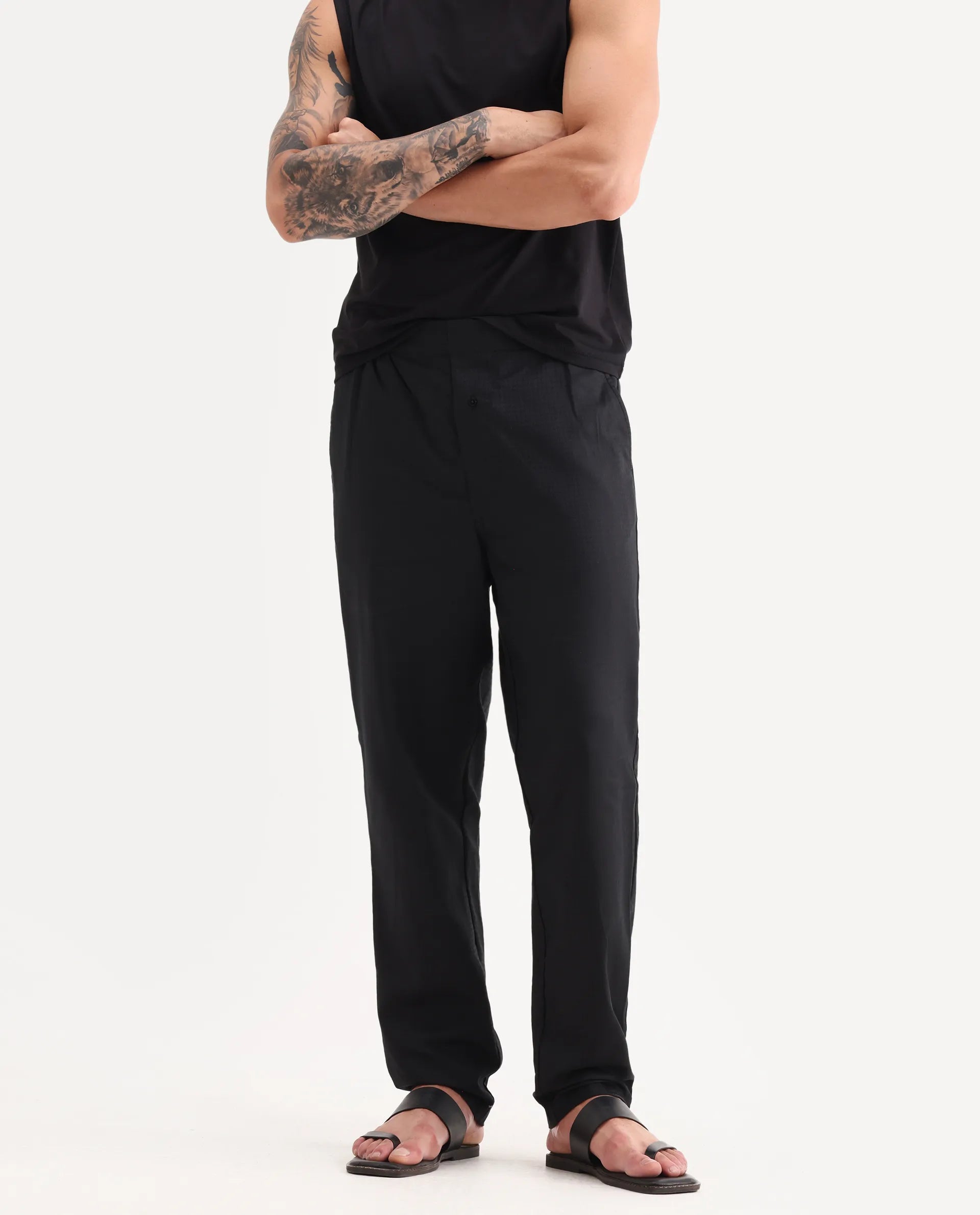 Rare Rabbit Men's Mariv Black Cotton Fabric Regular Fit Checks Pajama