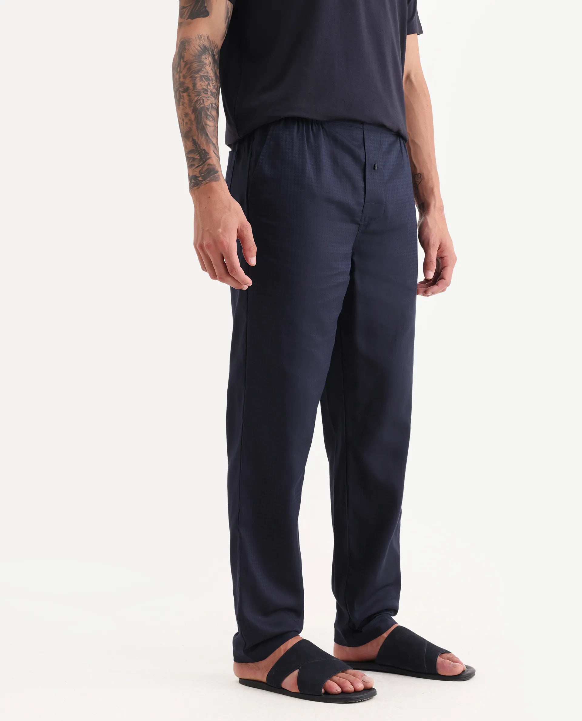 Rare Rabbit Men's Mariv Navy Cotton Fabric Regular Fit Checks Pajama