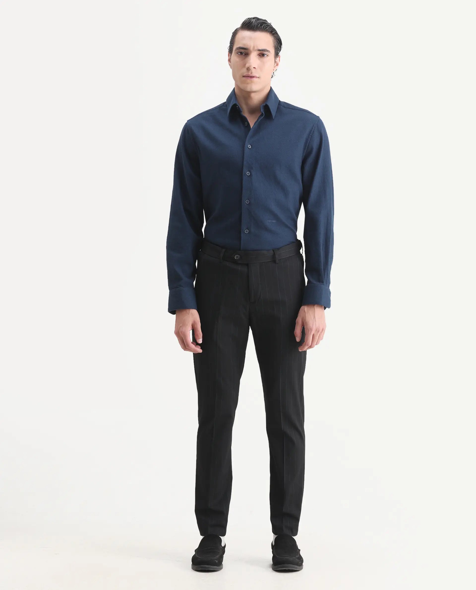 Rare Rabbit Men's Markas Black Polyester Striped Print Tailored Fit Full Sleeve Lapel Neck Suits