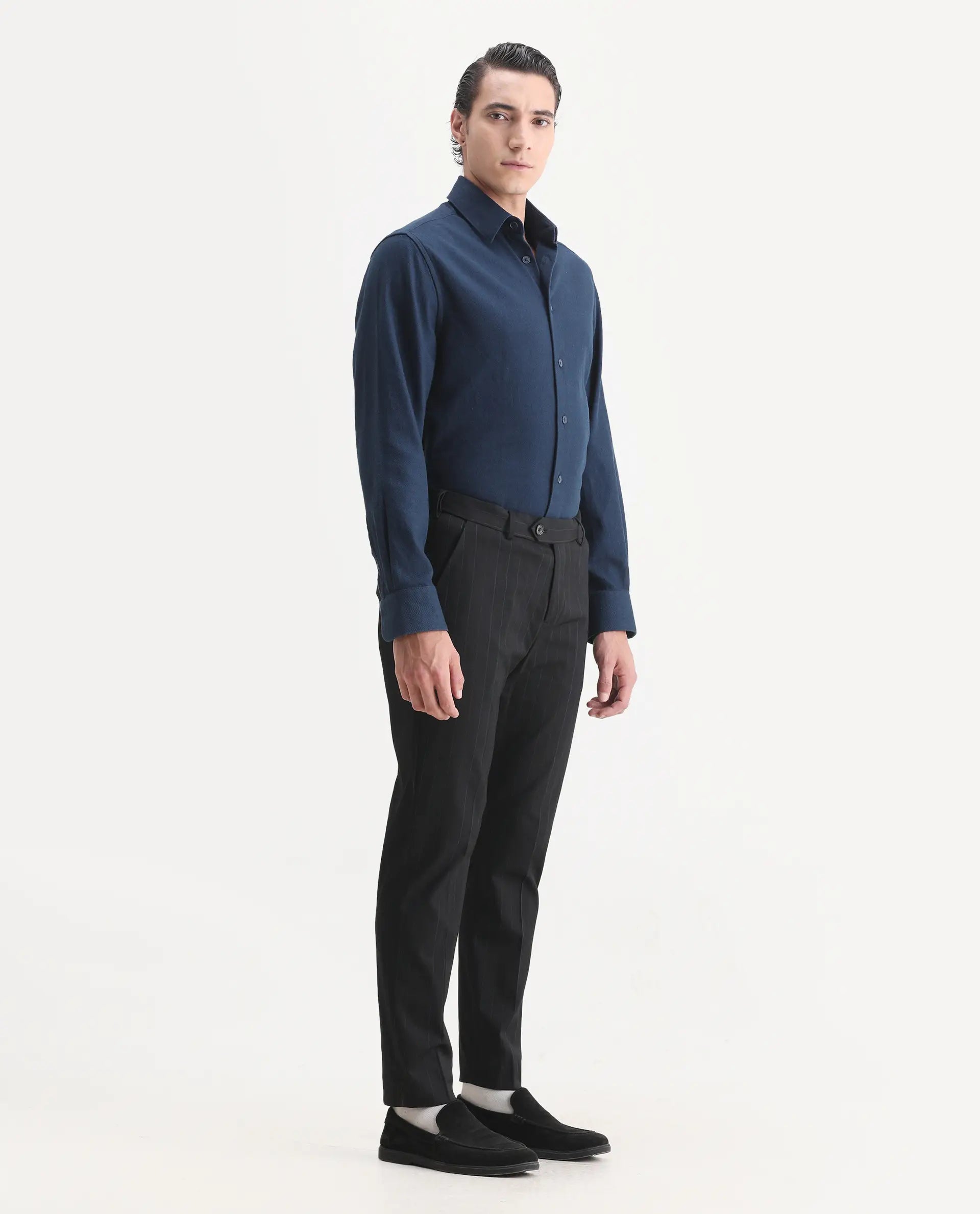 Rare Rabbit Men's Markas Black Polyester Striped Print Tailored Fit Full Sleeve Lapel Neck Suits