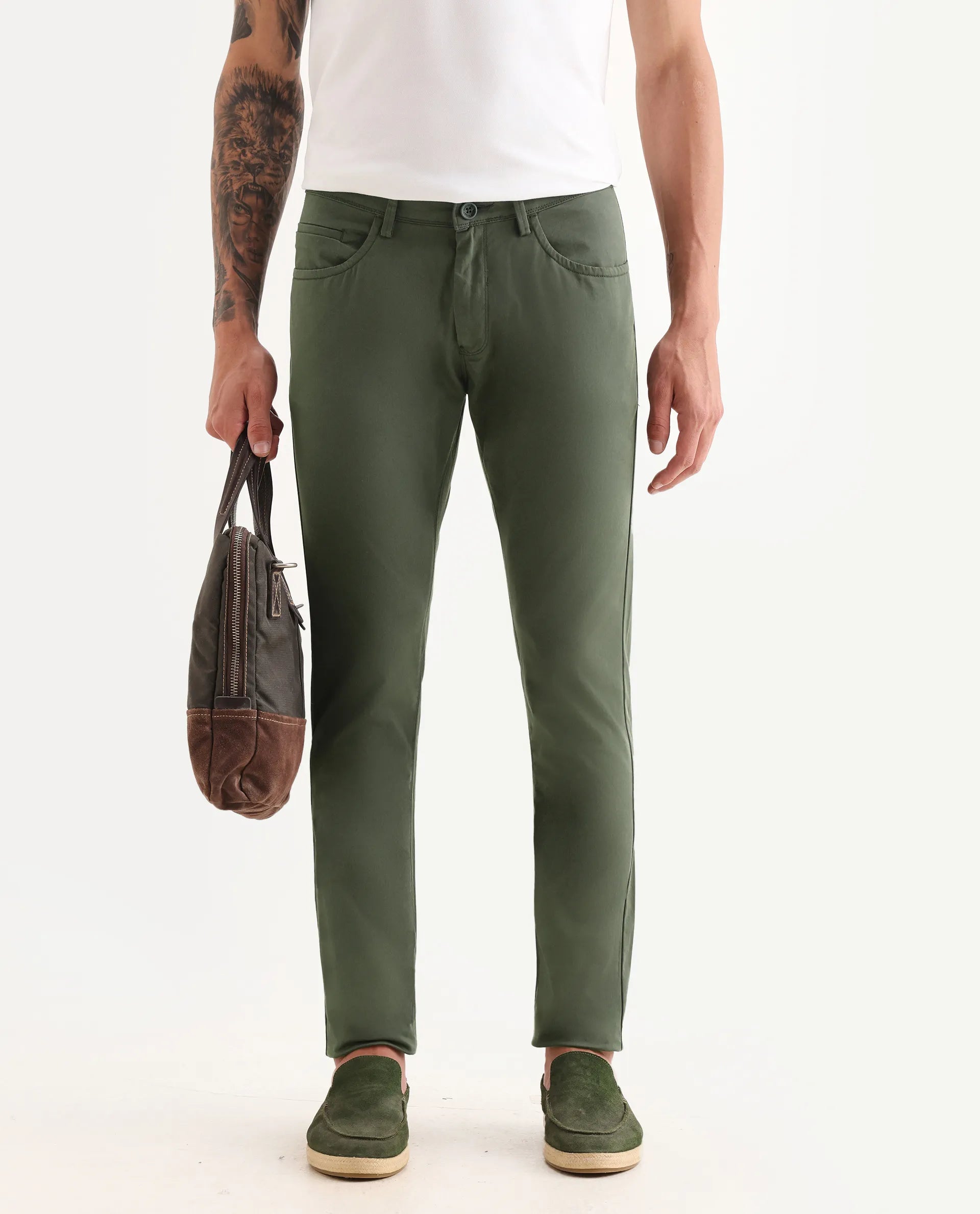 Rare Rabbit Men's Mark Green Cotton Plain Regular Fit Trouser