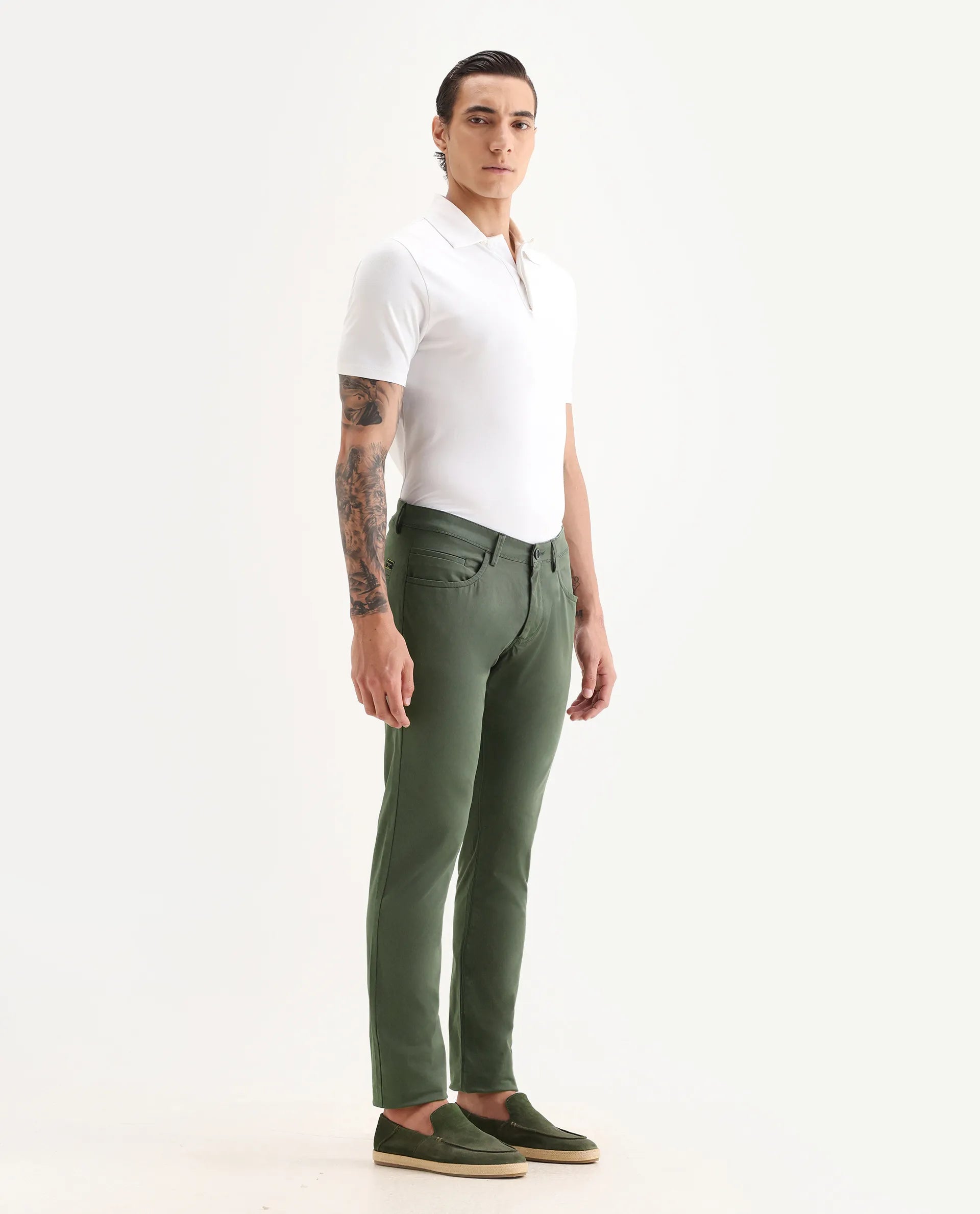 Rare Rabbit Men's Mark Green Cotton Plain Regular Fit Trouser