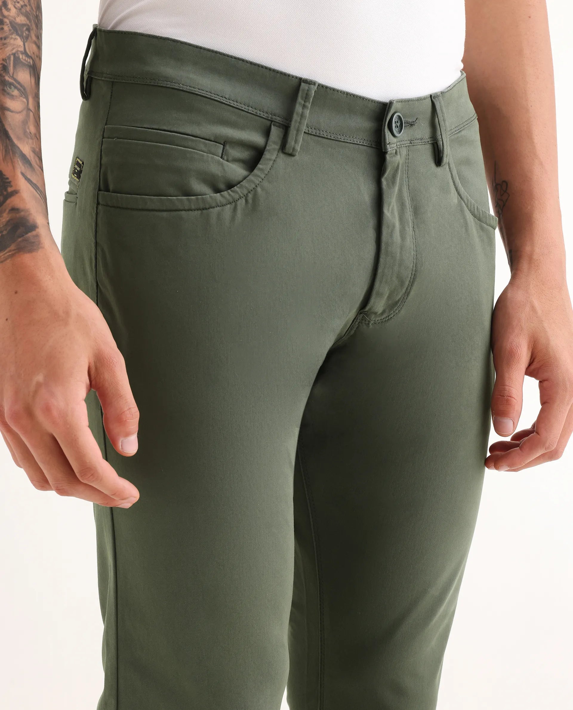 Rare Rabbit Men's Mark Green Cotton Plain Regular Fit Trouser