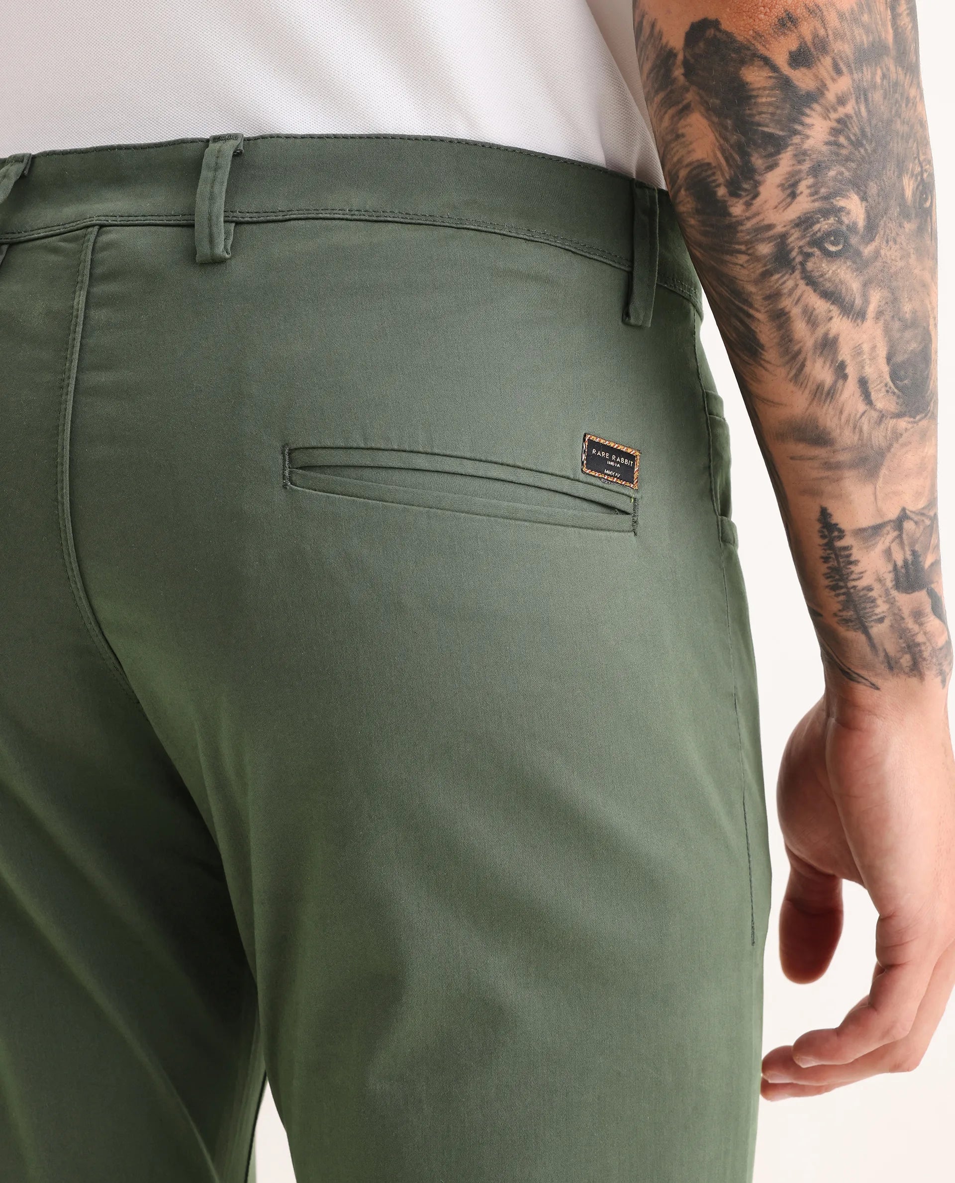 Rare Rabbit Men's Mark Green Cotton Plain Regular Fit Trouser