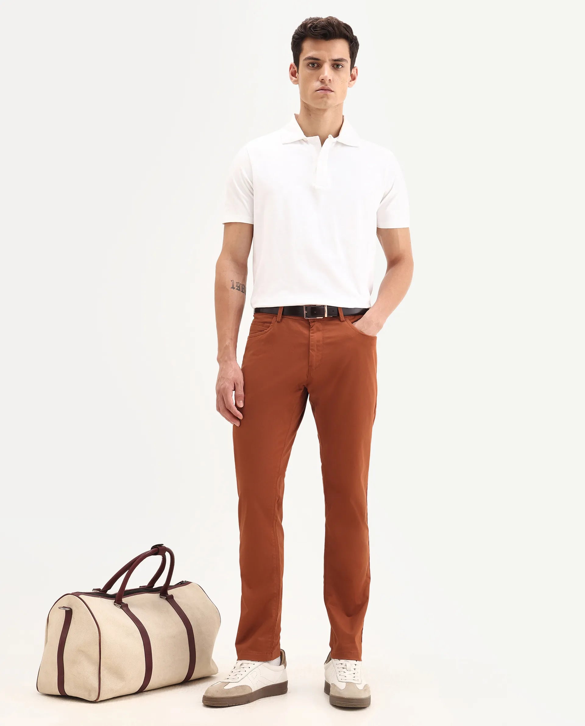 Rare Rabbit Men's Mark Maroon Cotton Plain Regular Fit Trouser