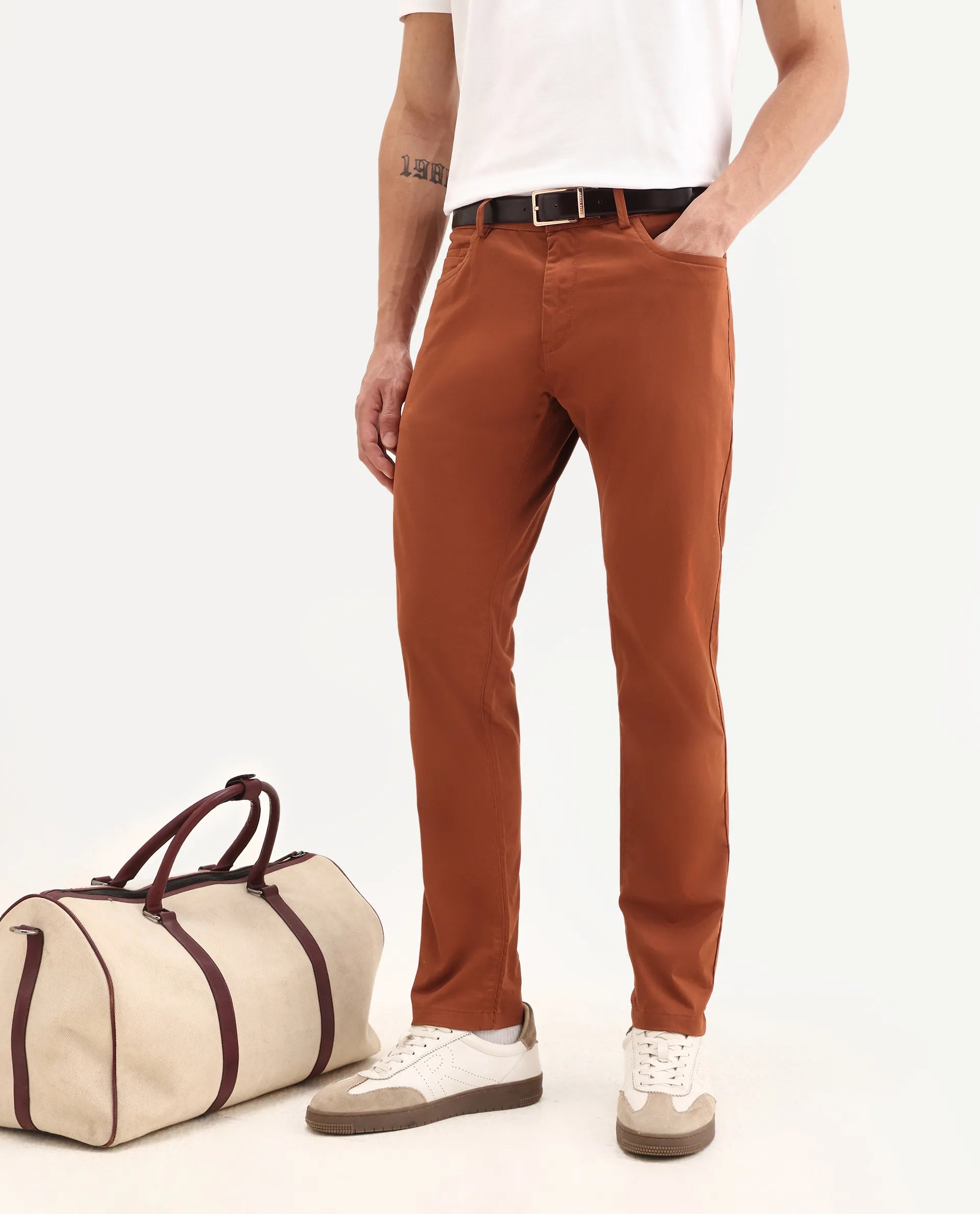 Rare Rabbit Men's Mark Maroon Cotton Plain Regular Fit Trouser