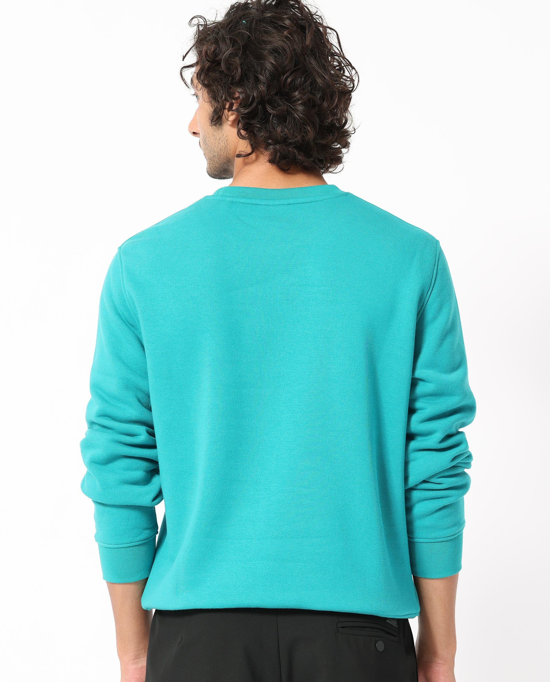 Rare Rabbit Men's Marko Petrol Cotton Polyester Fabric Full Sleeves Graphic Print Knitted Sweatshirt