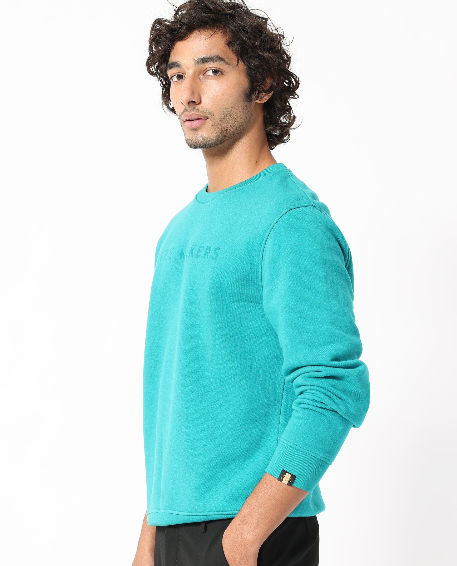 Rare Rabbit Men's Marko Petrol Cotton Polyester Fabric Full Sleeves Graphic Print Knitted Sweatshirt