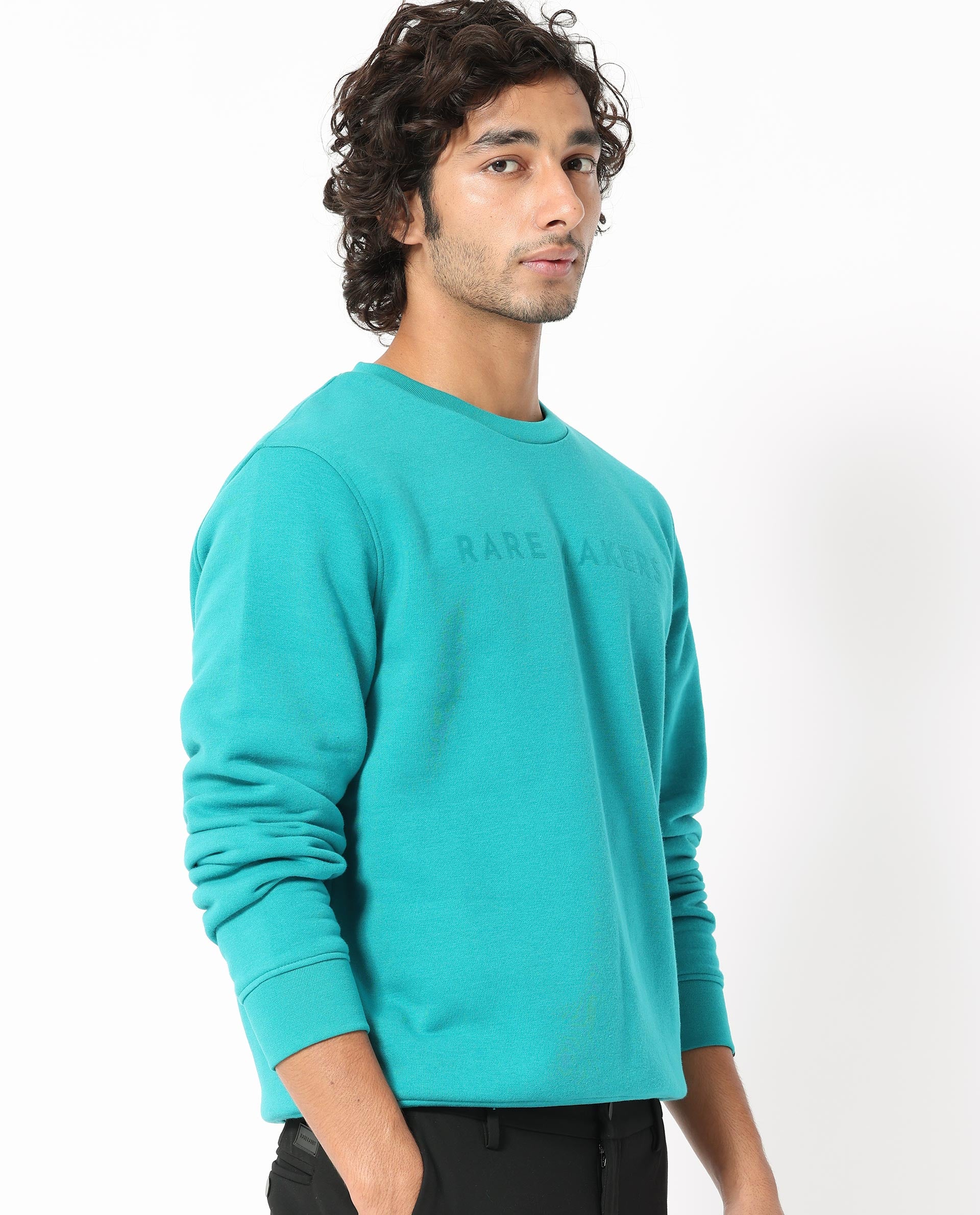 Rare Rabbit Men's Marko Petrol Cotton Polyester Fabric Full Sleeves Graphic Print Knitted Sweatshirt