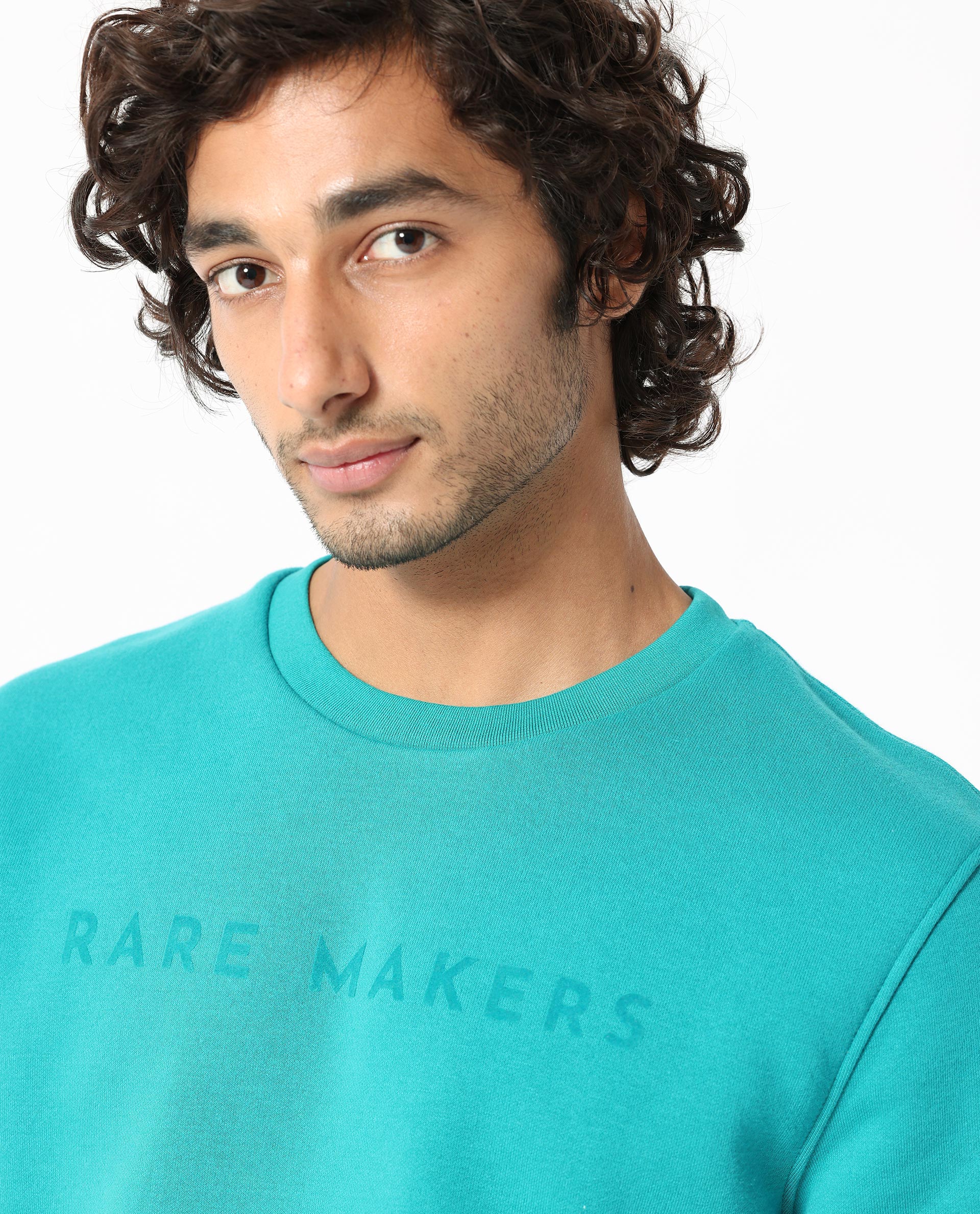 Rare Rabbit Men's Marko Petrol Cotton Polyester Fabric Full Sleeves Graphic Print Knitted Sweatshirt