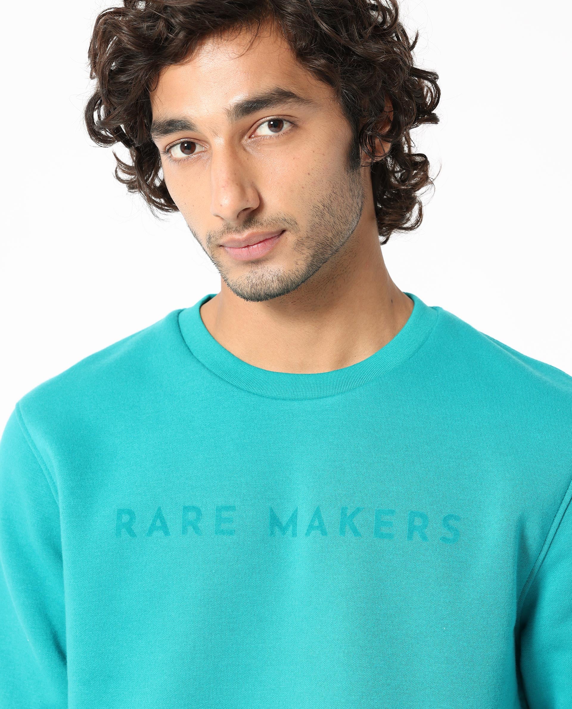 Rare Rabbit Men's Marko Petrol Cotton Polyester Fabric Full Sleeves Graphic Print Knitted Sweatshirt