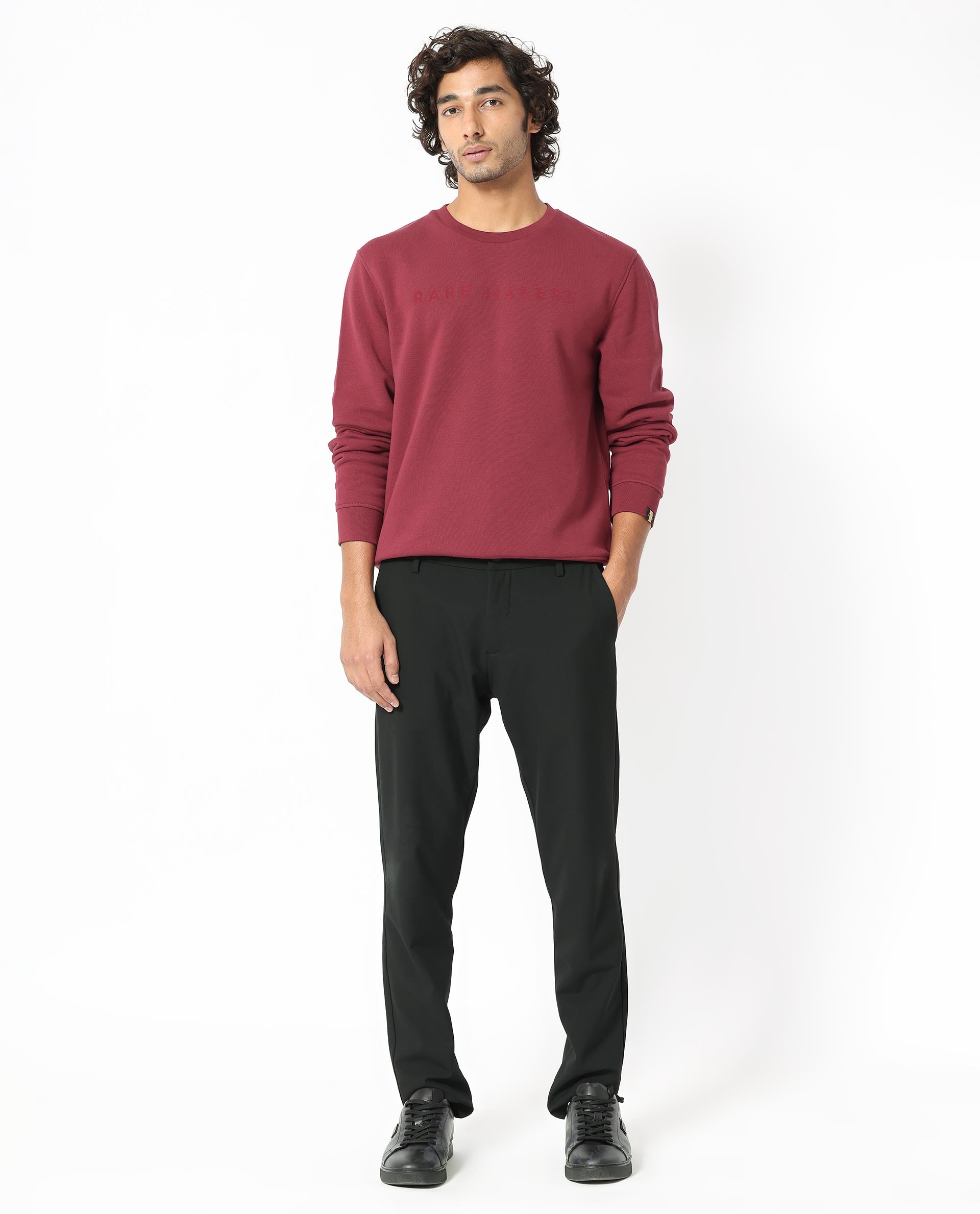 Rare Rabbit Men's Marko Red Cotton Polyester Fabric Full Sleeves Graphic Print Knitted Sweatshirt