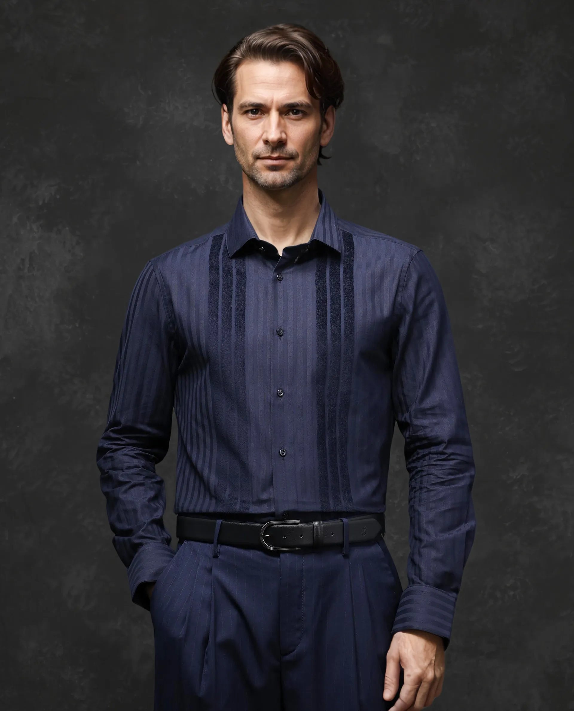 Rare Rabbit Men Marlin-2 Navy Cotton Fabric Full Sleeve Regular Fit Premium Party Flock Stripe Shirt