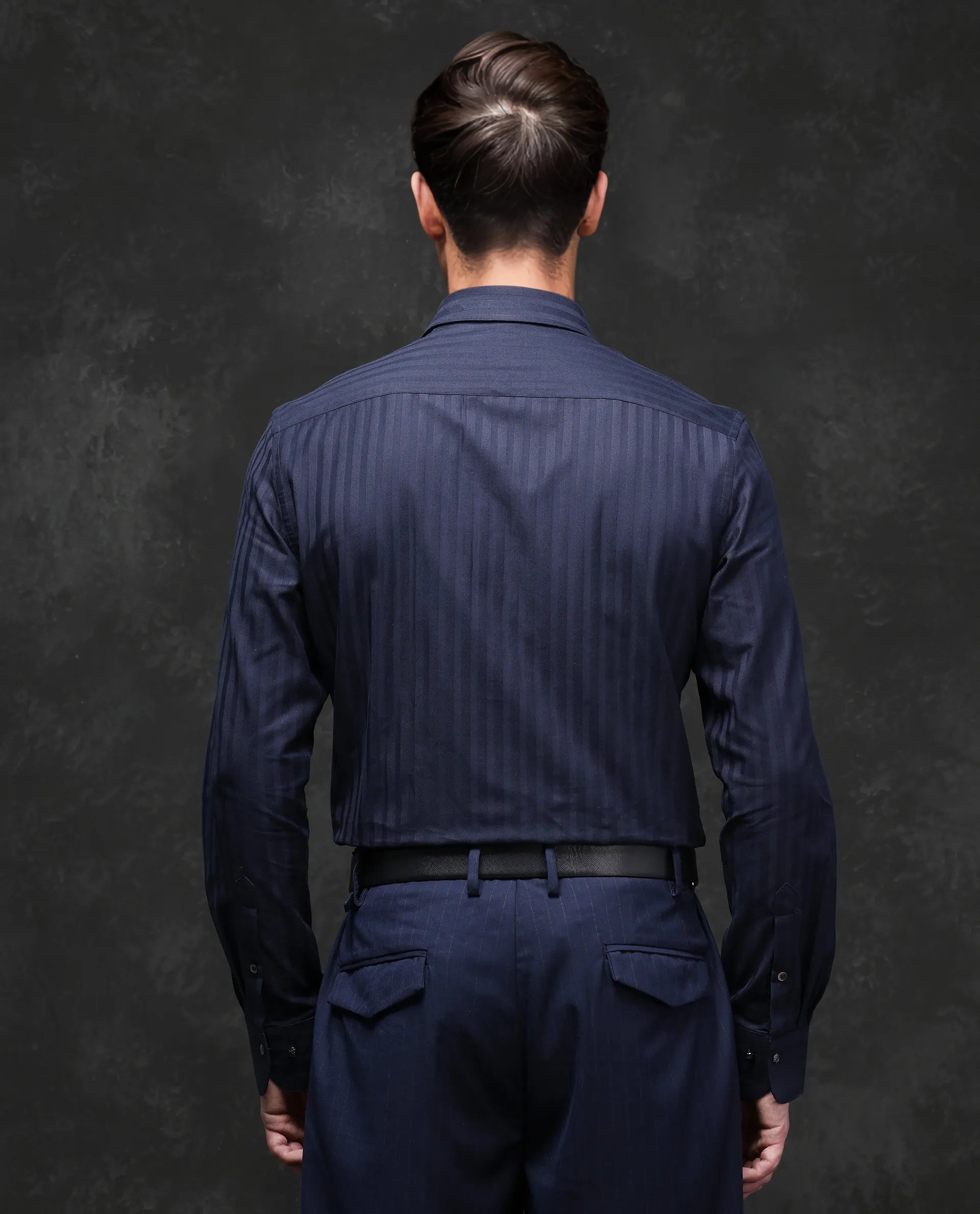 Rare Rabbit Men Marlin-2 Navy Cotton Fabric Full Sleeve Regular Fit Premium Party Flock Stripe Shirt