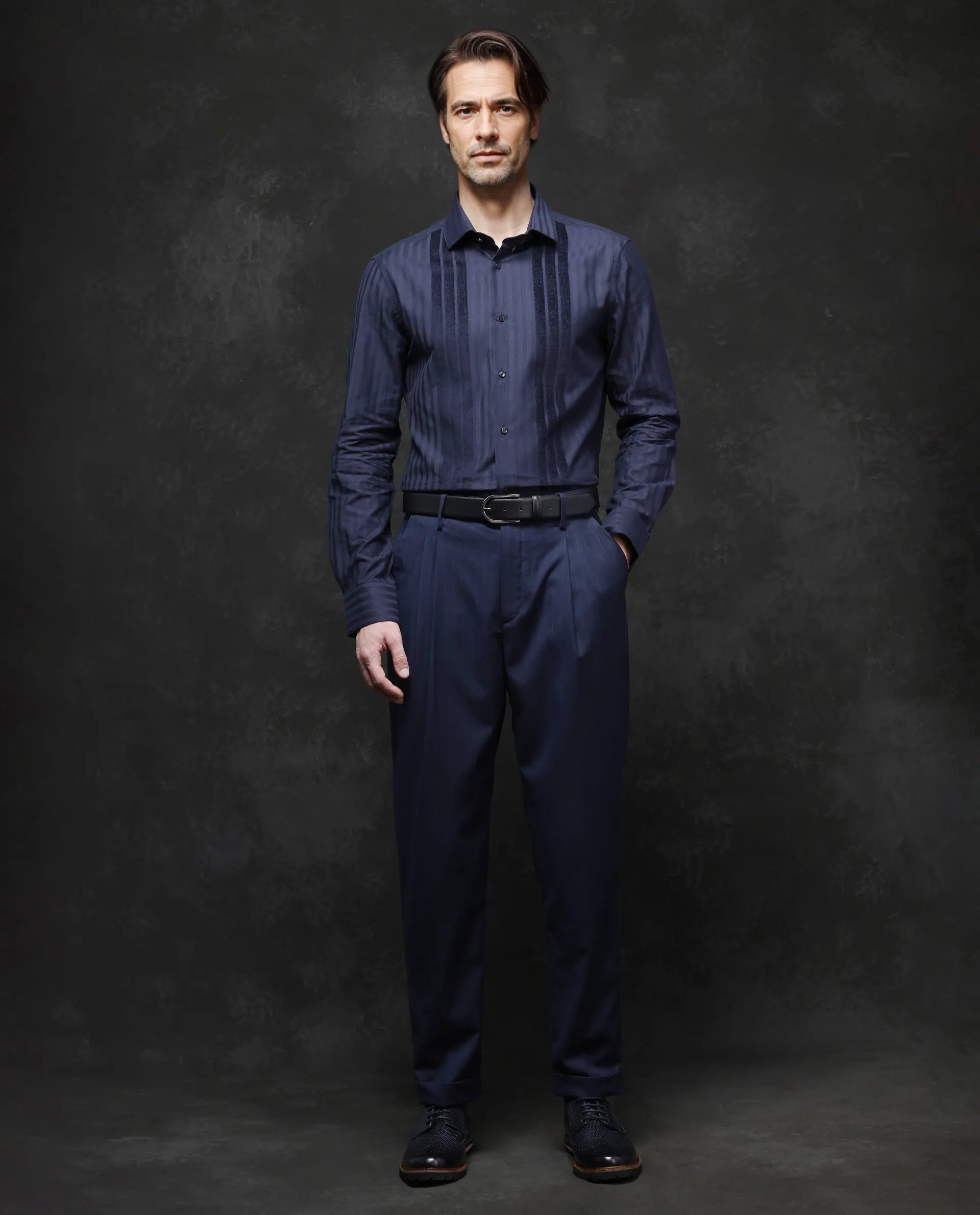 Rare Rabbit Men Marlin-2 Navy Cotton Fabric Full Sleeve Regular Fit Premium Party Flock Stripe Shirt