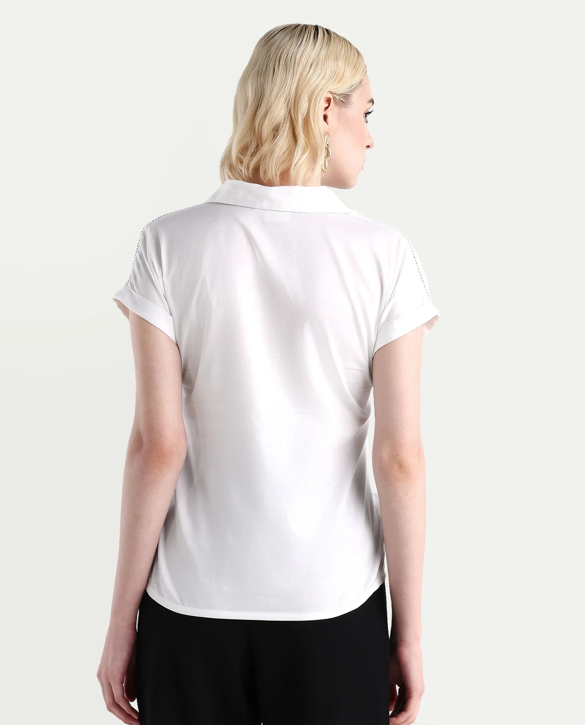 Rareism Women's Marlin White Cotton Jonny Collar Boxy Fit Top