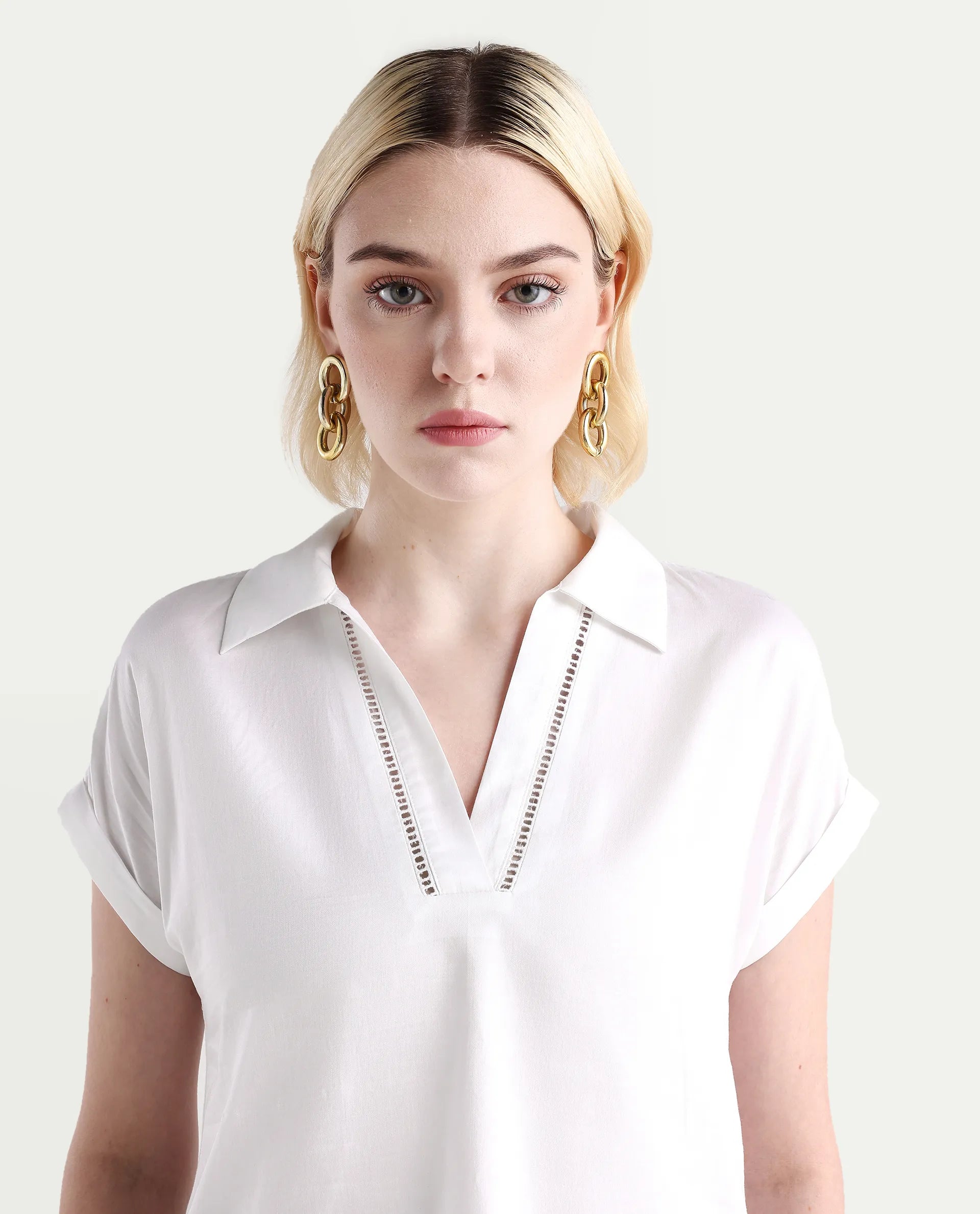 Rareism Women's Marlin White Cotton Jonny Collar Boxy Fit Top