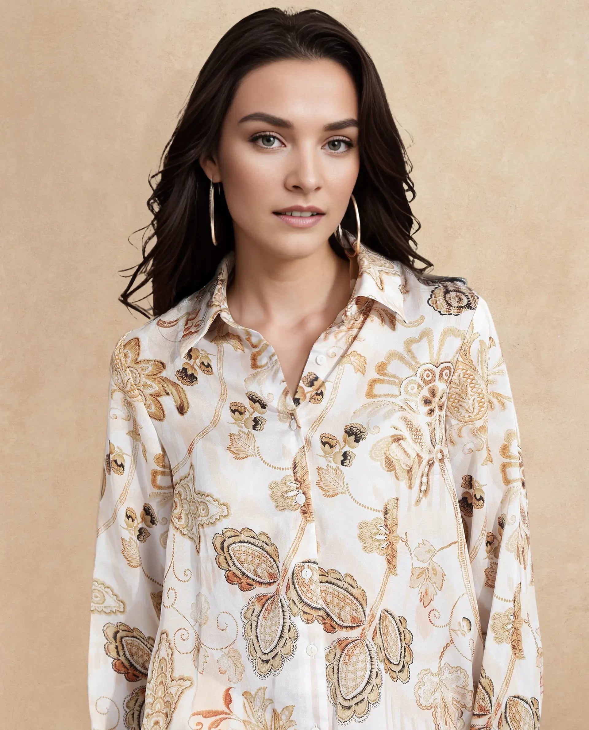 Rareism Women's Marl Multi Polyester Drop Collar Paisley Print Cuffed Sleeve Regular Fit Shirt