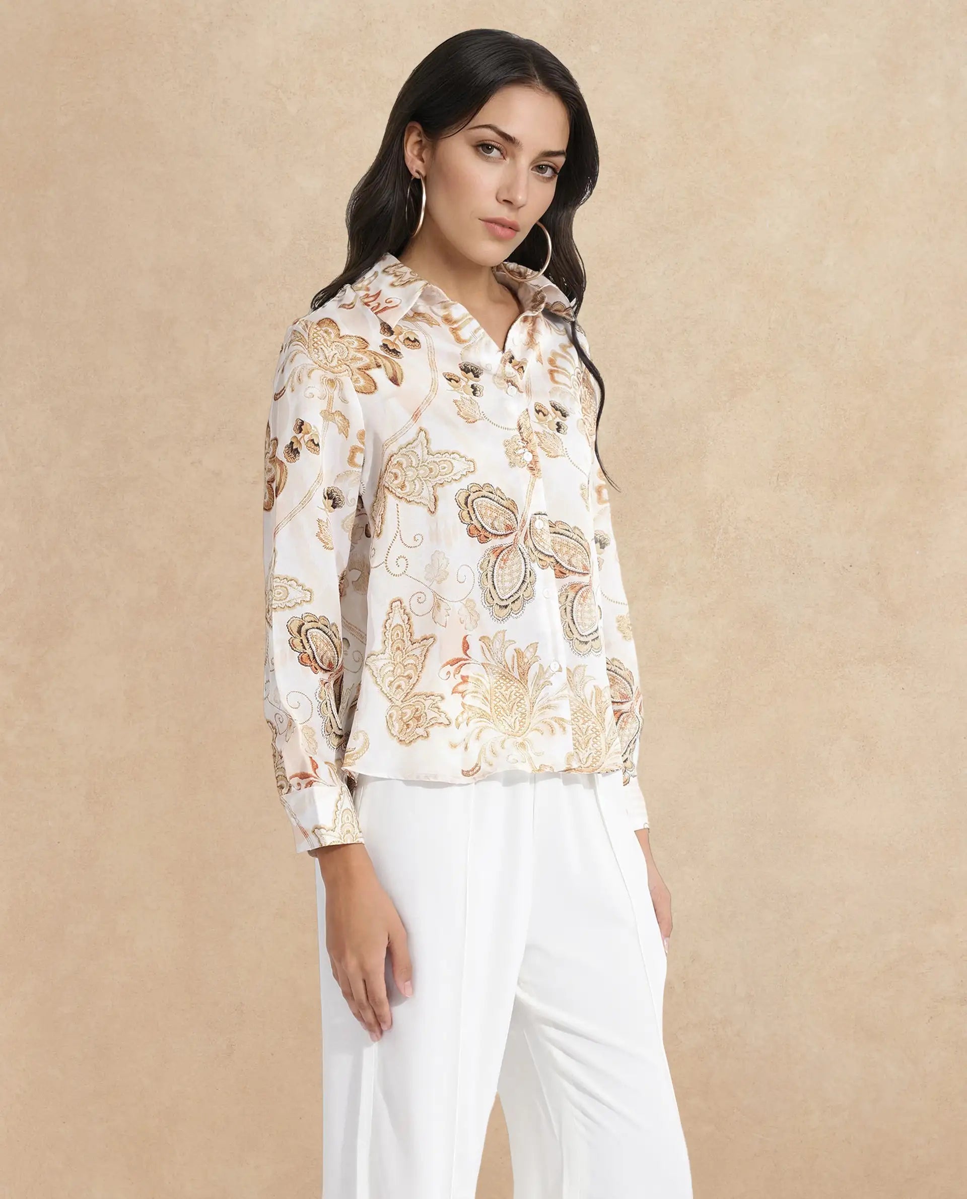 Rareism Women's Marl Multi Polyester Drop Collar Paisley Print Cuffed Sleeve Regular Fit Shirt