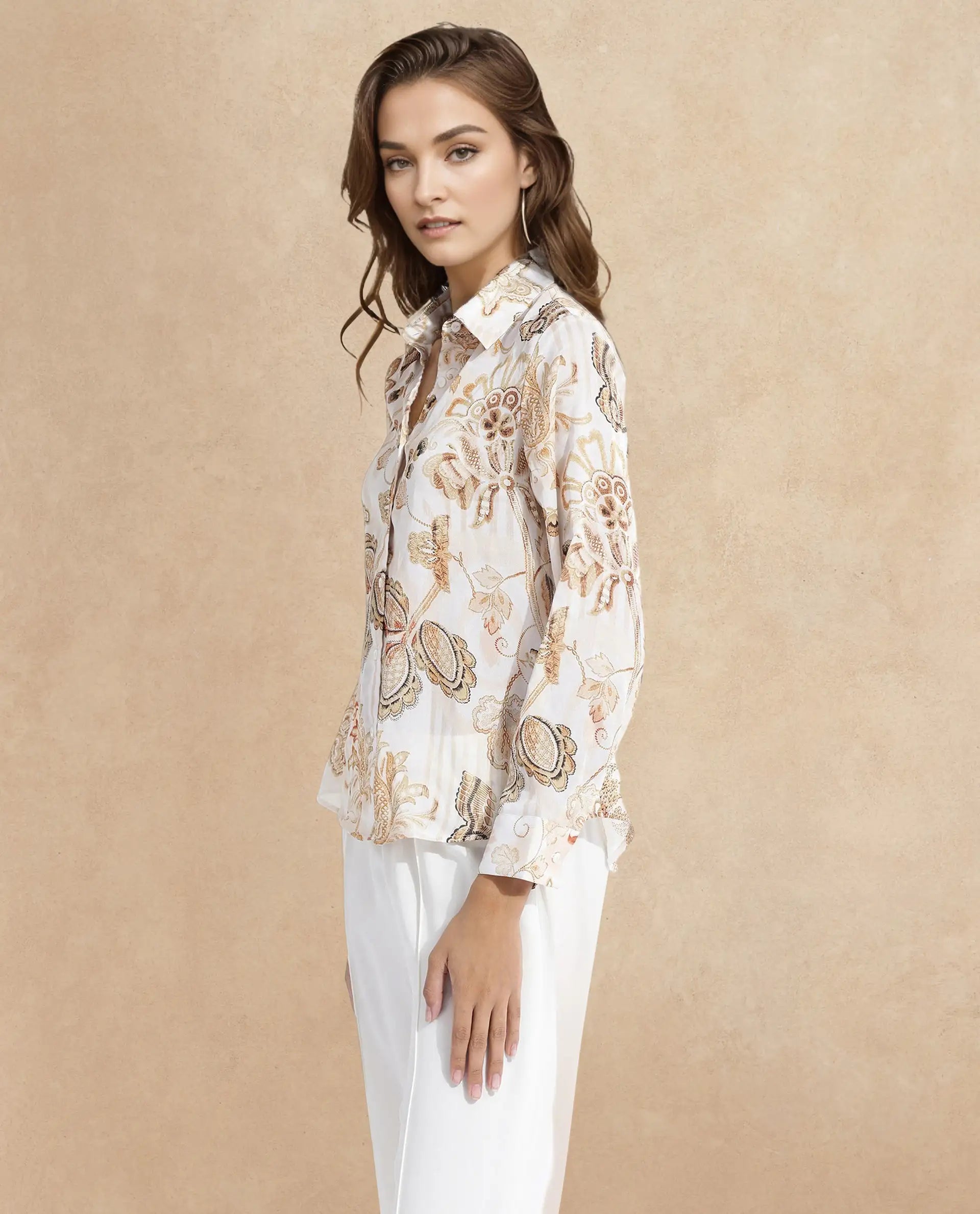 Rareism Women's Marl Multi Polyester Drop Collar Paisley Print Cuffed Sleeve Regular Fit Shirt