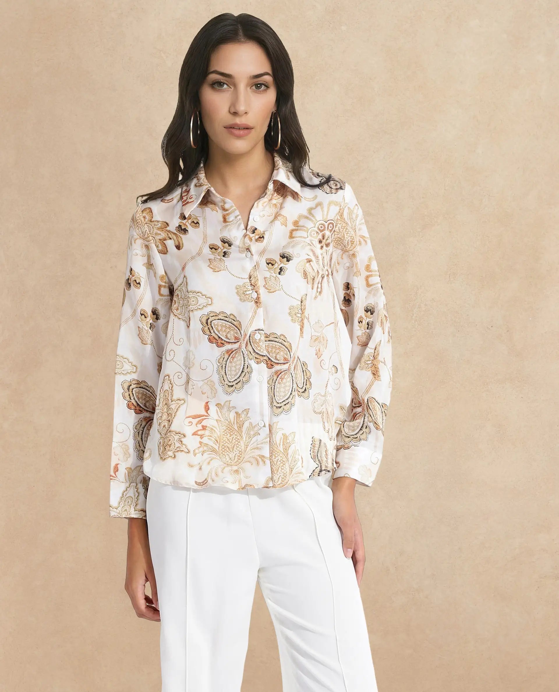 Rareism Women's Marl Multi Polyester Drop Collar Paisley Print Cuffed Sleeve Regular Fit Shirt