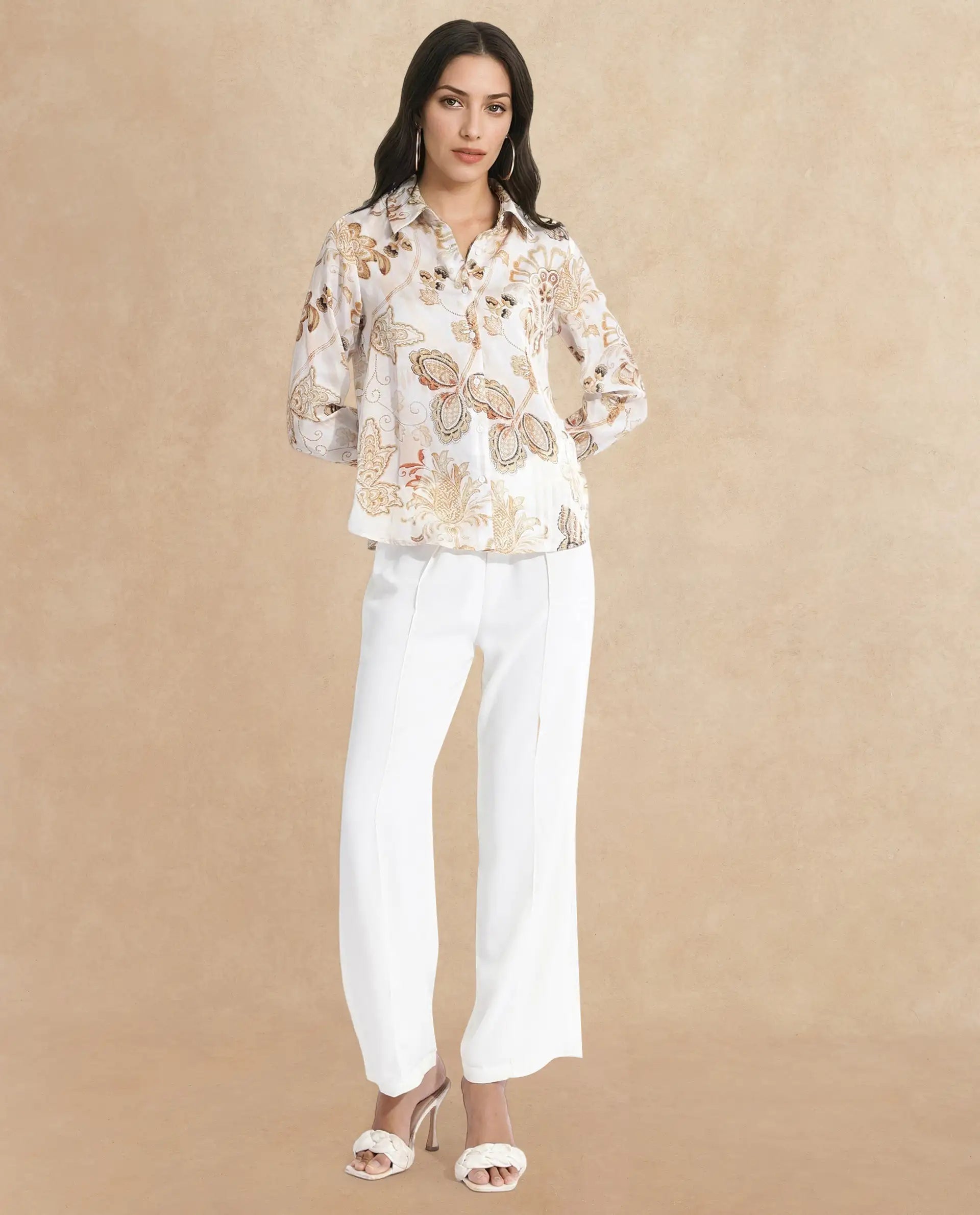 Rareism Women's Marl Multi Polyester Drop Collar Paisley Print Cuffed Sleeve Regular Fit Shirt