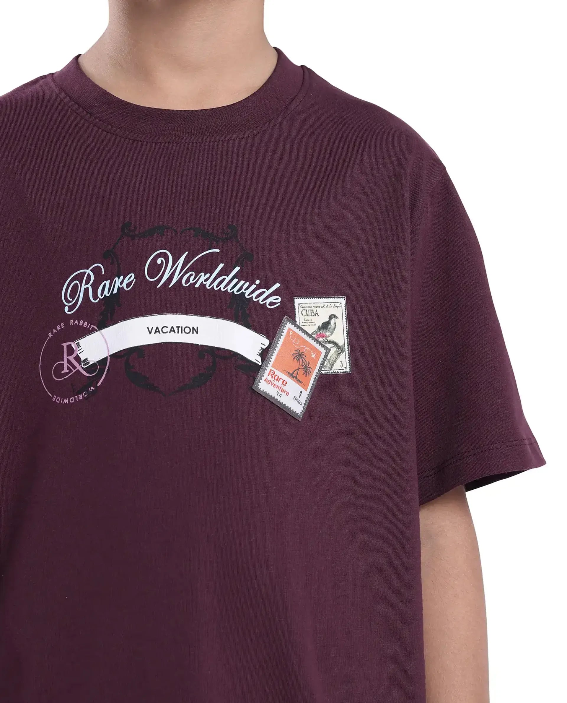 Rare Ones Kids Marn Maroon Cotton Blend Half Sleeve Slip-On Printed Regular Fit T-Shirt