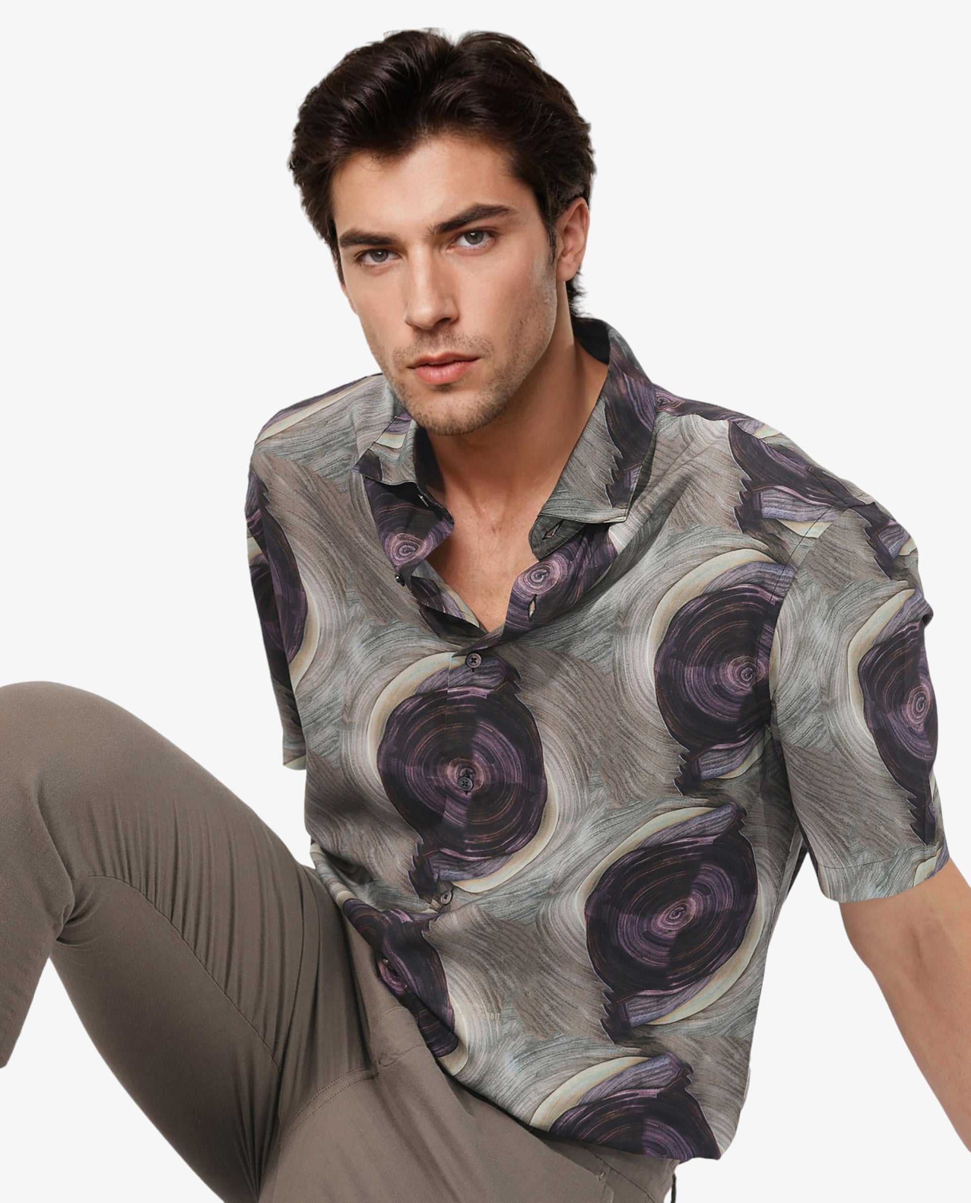 Rare Rabbit Men's Marock Dusky Olive Viscose Fabric Half Sleeves Boxy Fit Abstract Print Shirt