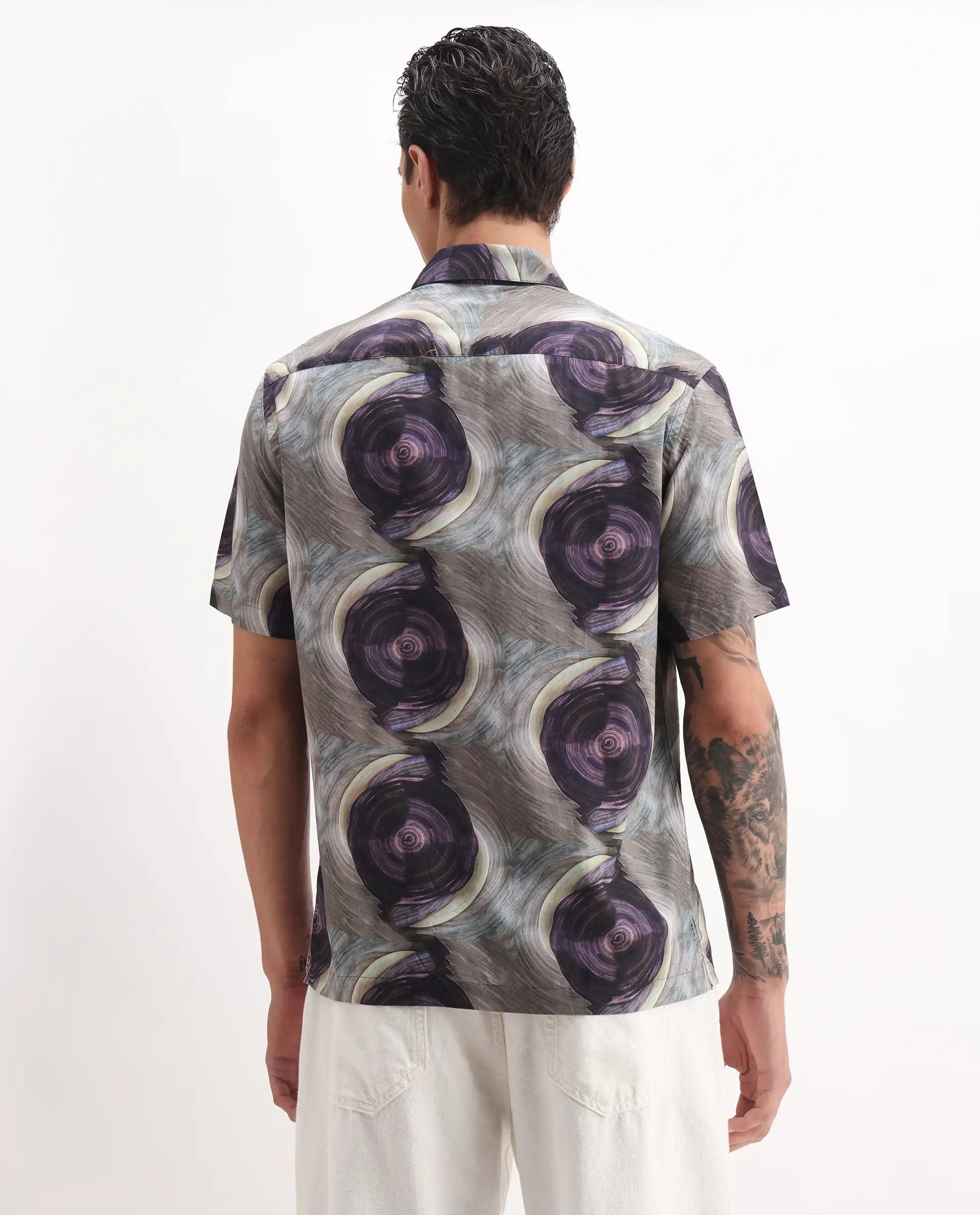 Rare Rabbit Men's Marock-25 Light Grey Viscose Abstract Print Regular Fit Half Sleeve Collared Shirt