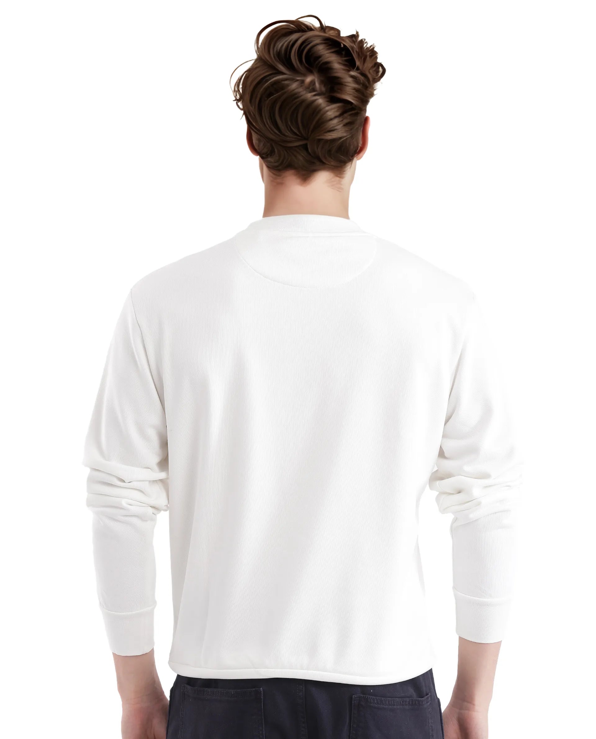 Rare Rabbit Men Marq Off White Cotton Polyester Fabric Full Sleeve Crew Neck Regular Fit Printed Sweatshirt