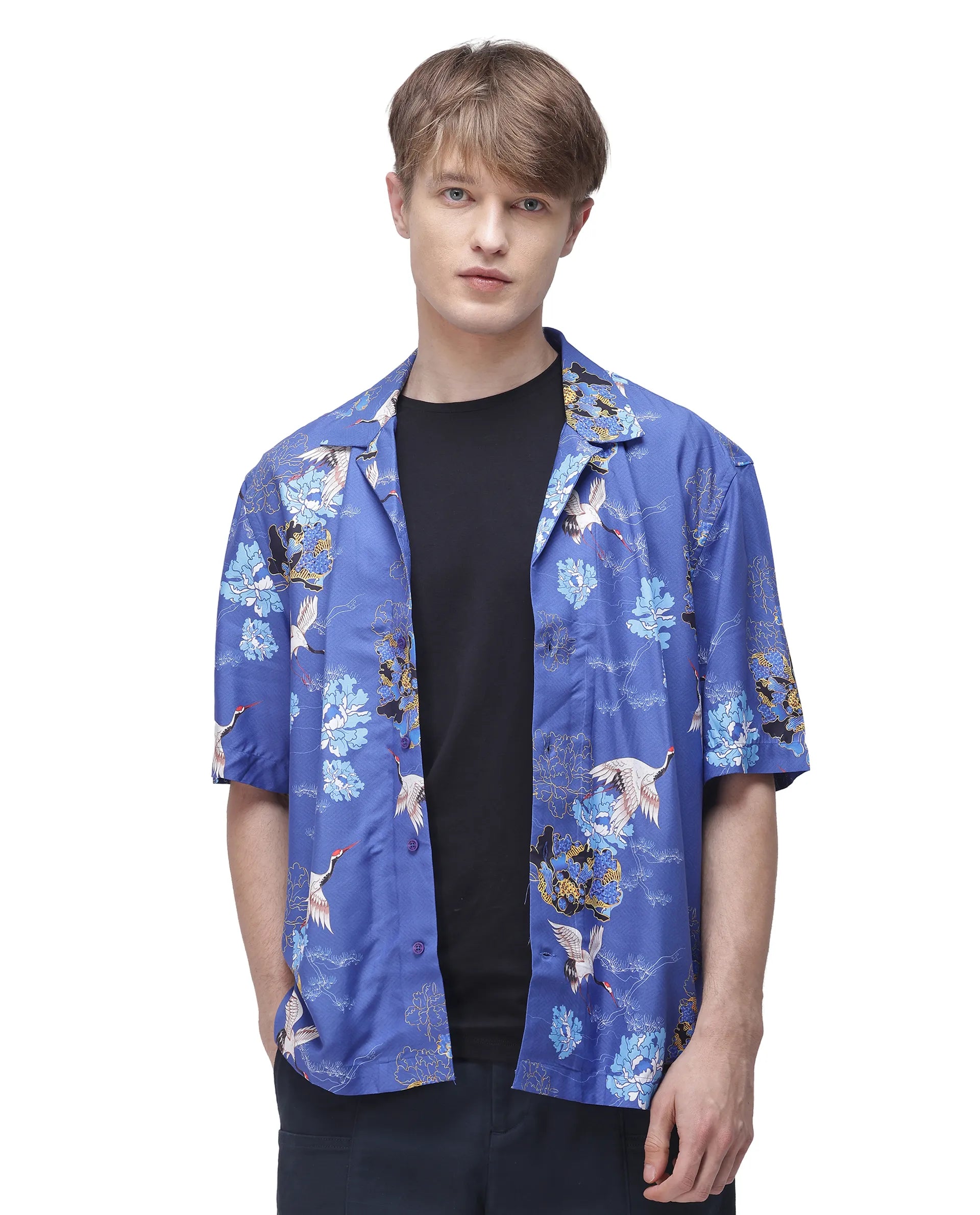 Rare Rabbit Men's Marque Blue Viscose Floral Print Boxy Fit Half Sleeve Cuban Collar Shirt