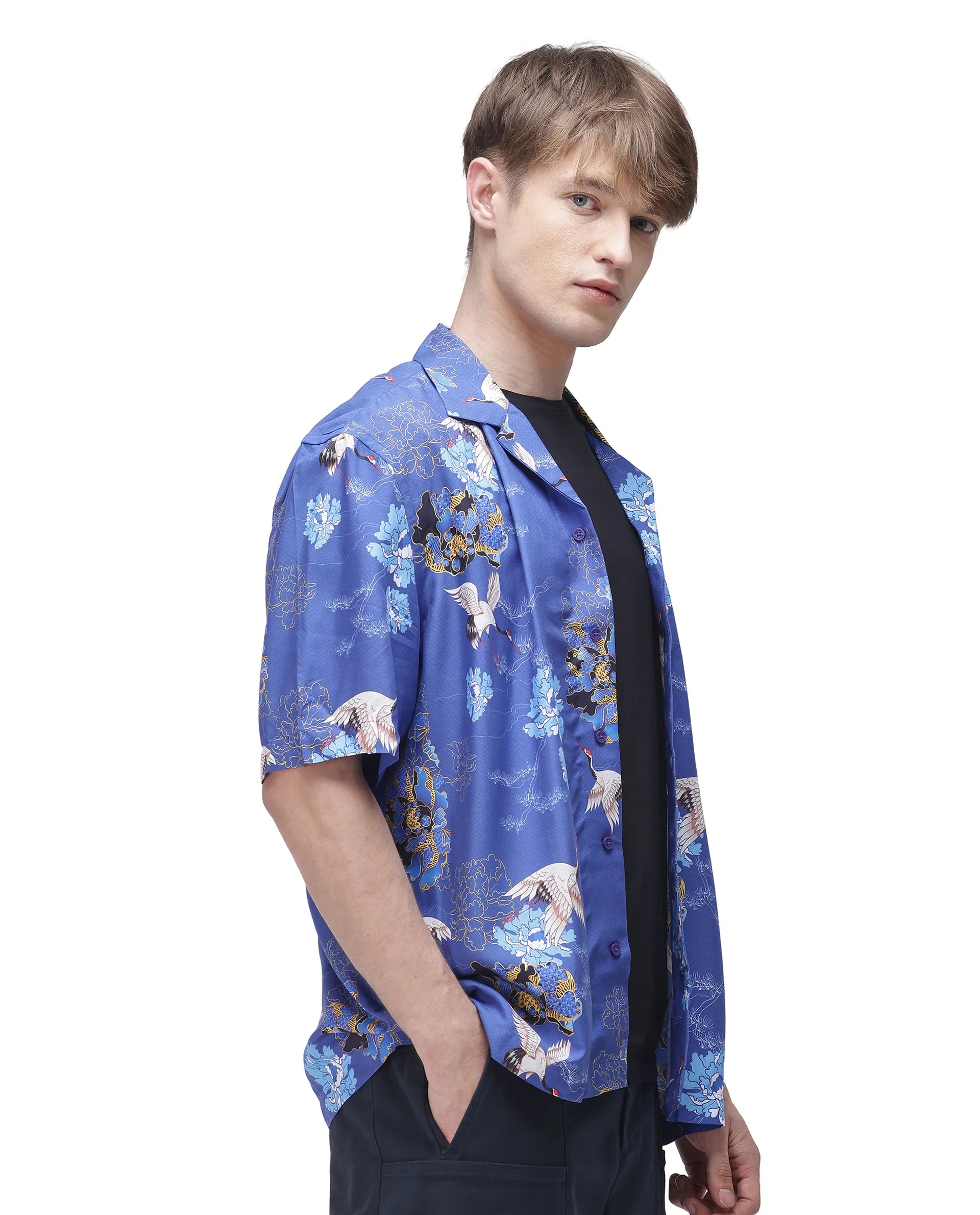 Rare Rabbit Men's Marque Blue Viscose Floral Print Boxy Fit Half Sleeve Cuban Collar Shirt