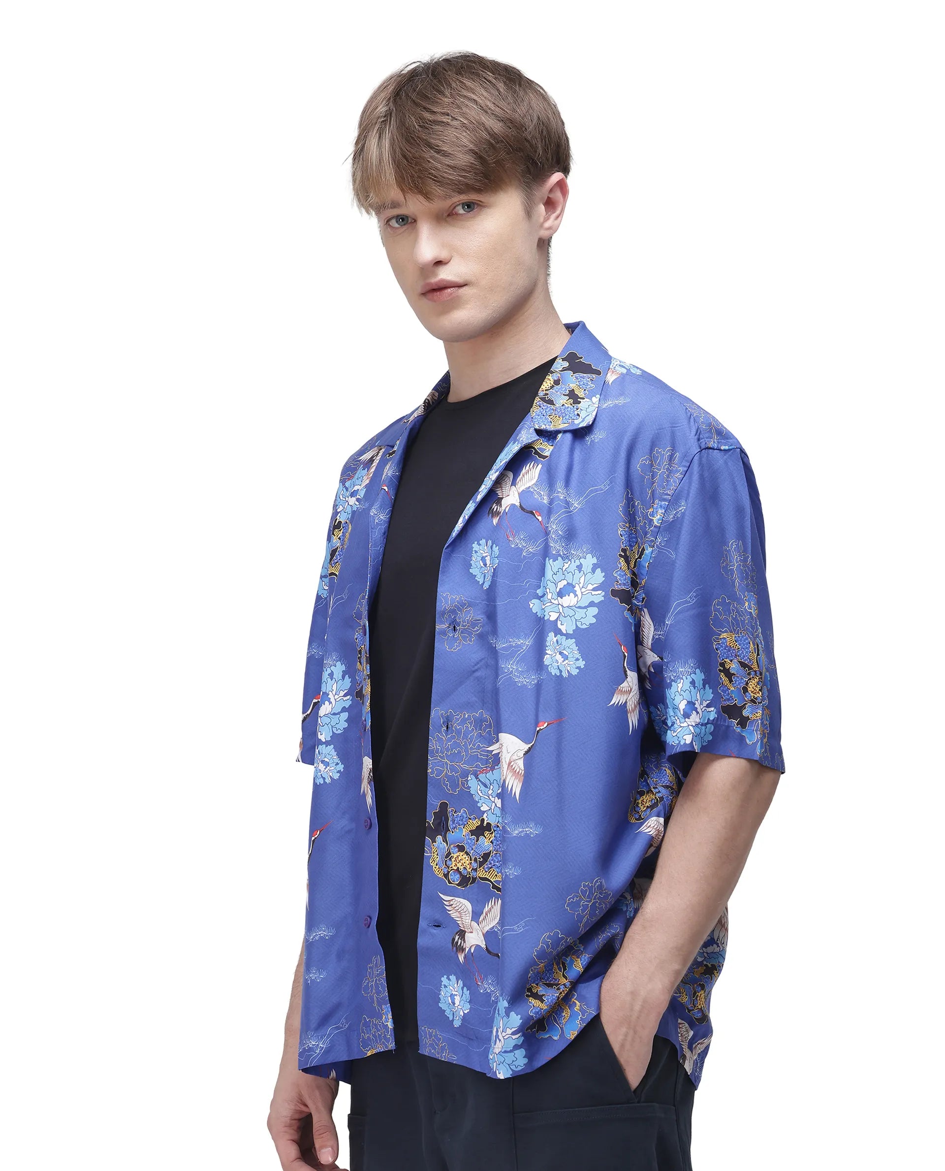 Rare Rabbit Men's Marque Blue Viscose Floral Print Boxy Fit Half Sleeve Cuban Collar Shirt