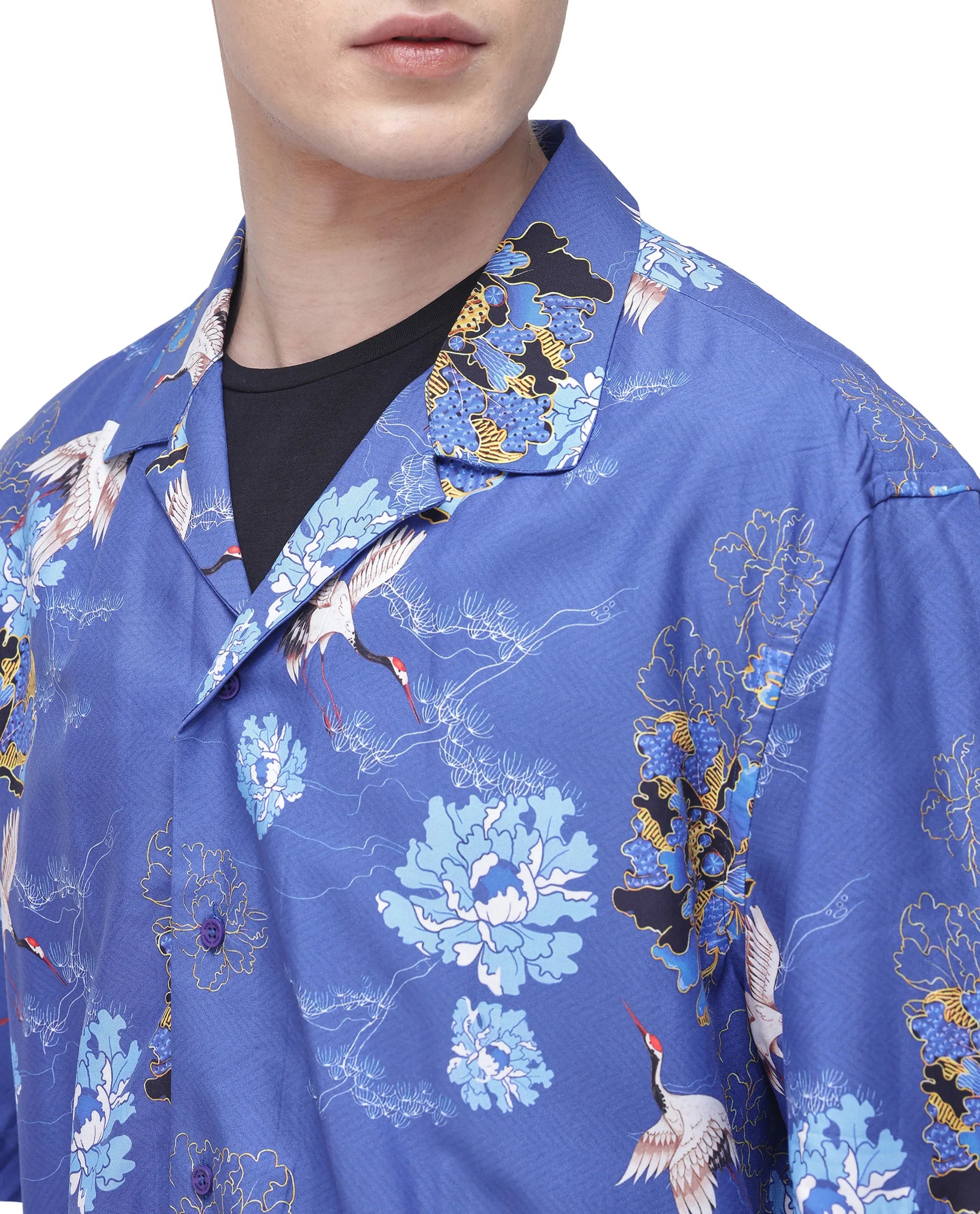 Rare Rabbit Men's Marque Blue Viscose Floral Print Boxy Fit Half Sleeve Cuban Collar Shirt
