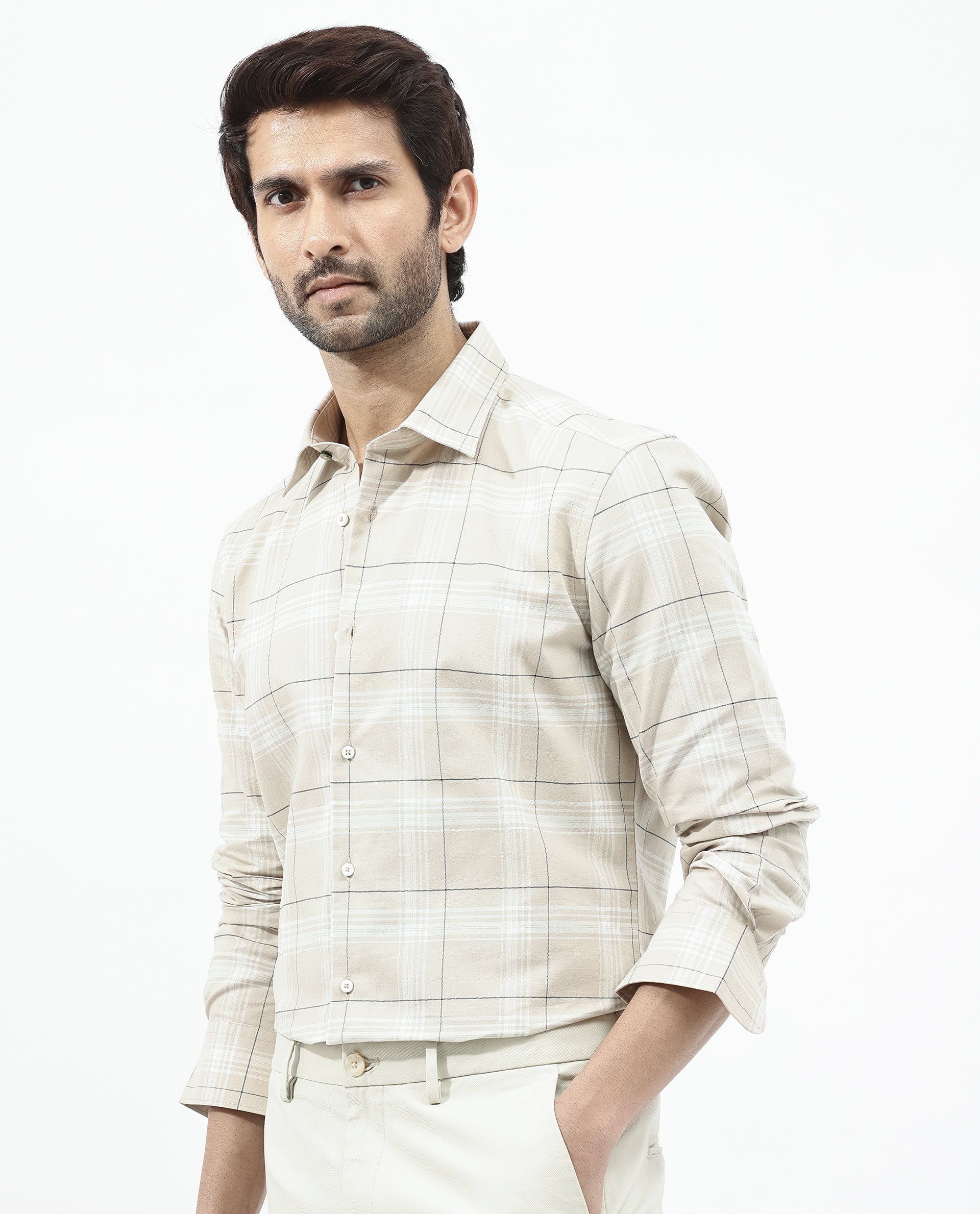 Rare Rabbit Men's Marron Beige Cotton Fabric Full Sleeve Regular Fit Checks Shirt