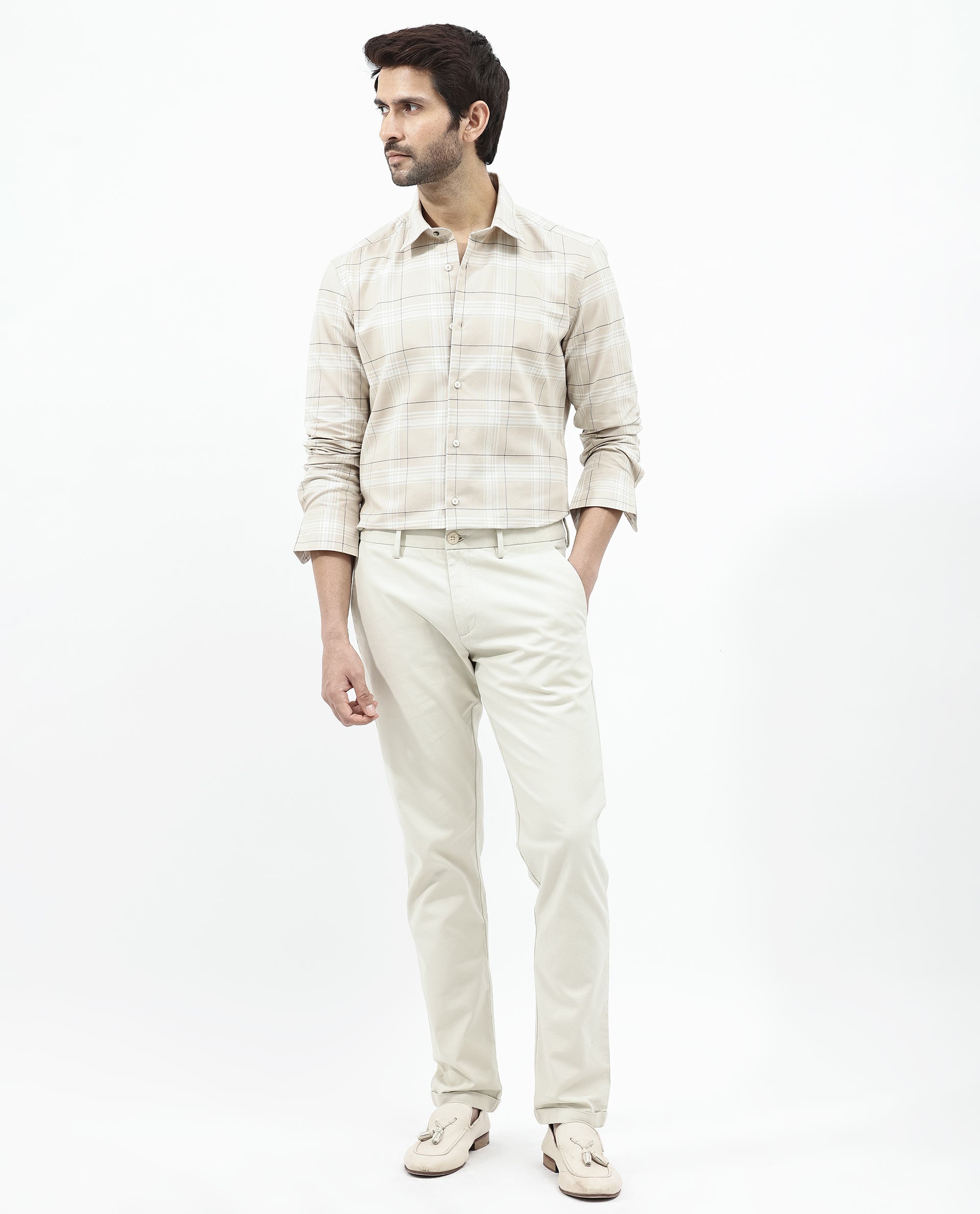 Rare Rabbit Men's Marron Beige Cotton Fabric Full Sleeve Regular Fit Checks Shirt