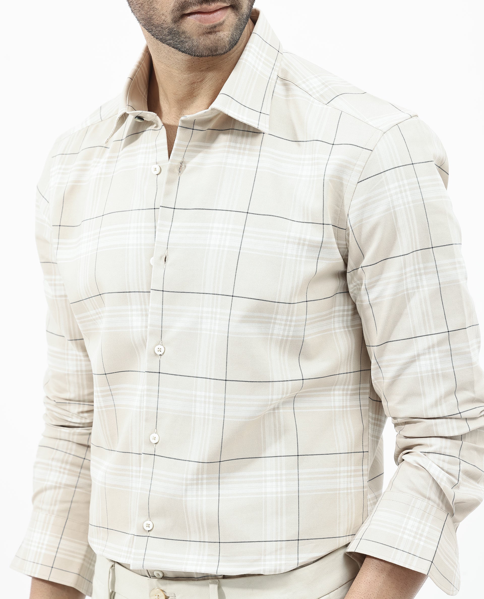 Rare Rabbit Men's Marron Beige Cotton Fabric Full Sleeve Regular Fit Checks Shirt