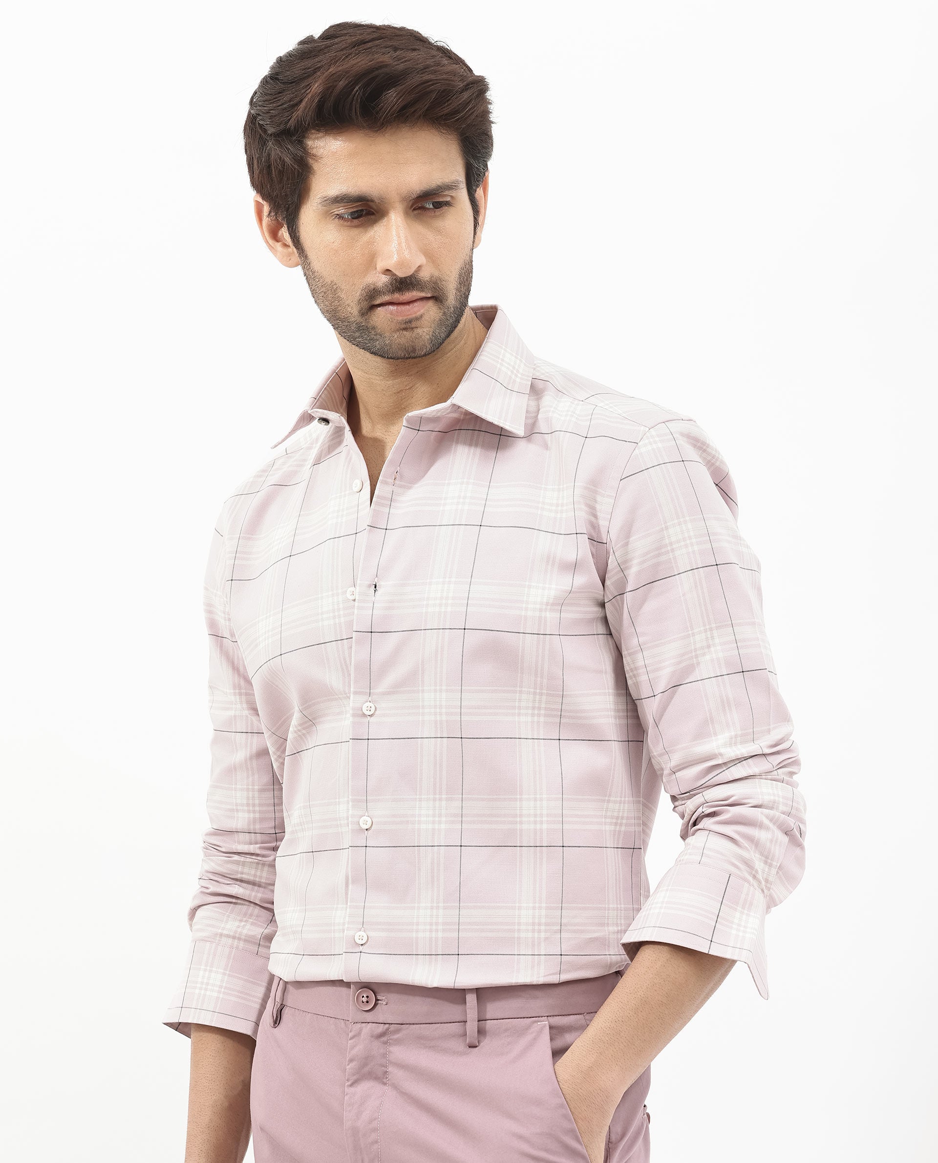 Rare Rabbit Men's Marron Dusky Purple Cotton Fabric Full Sleeve Regular Fit Checks Shirt