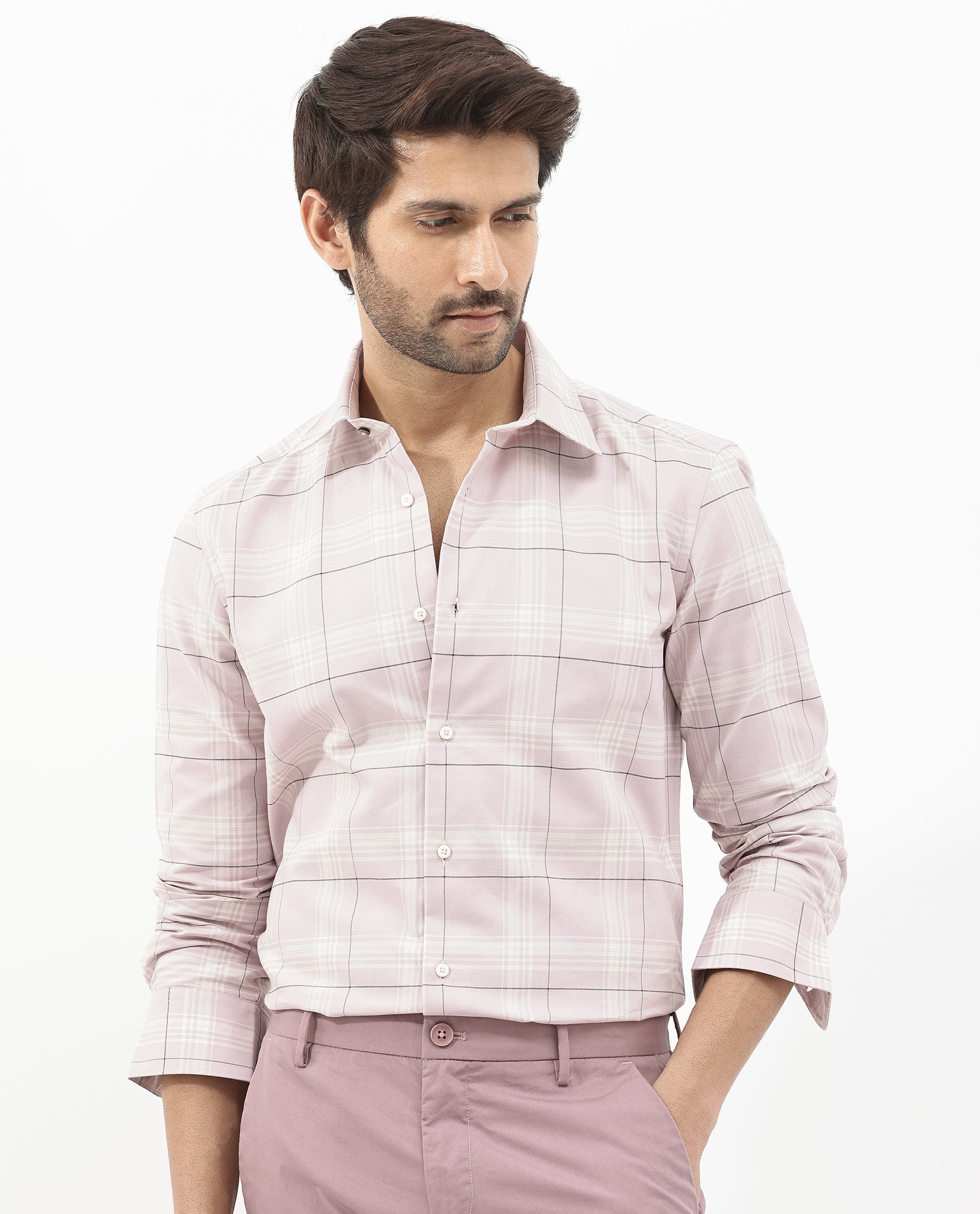 Rare Rabbit Men's Marron Dusky Purple Cotton Fabric Full Sleeve Regular Fit Checks Shirt