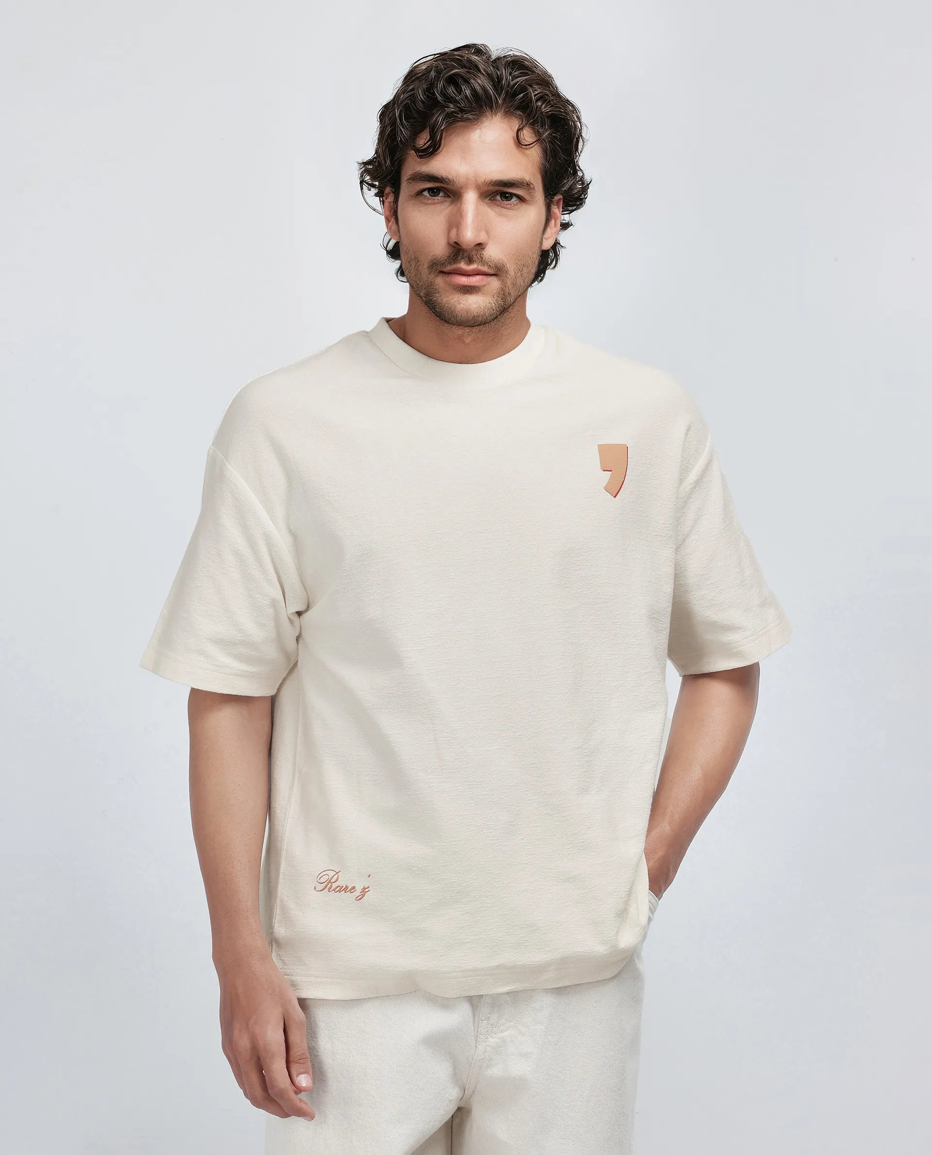 Rare Rabbit Men Marsa Off White Cotton Blend Short Sleeve Slip-On Oversized Fit Jacquard T-Shirt