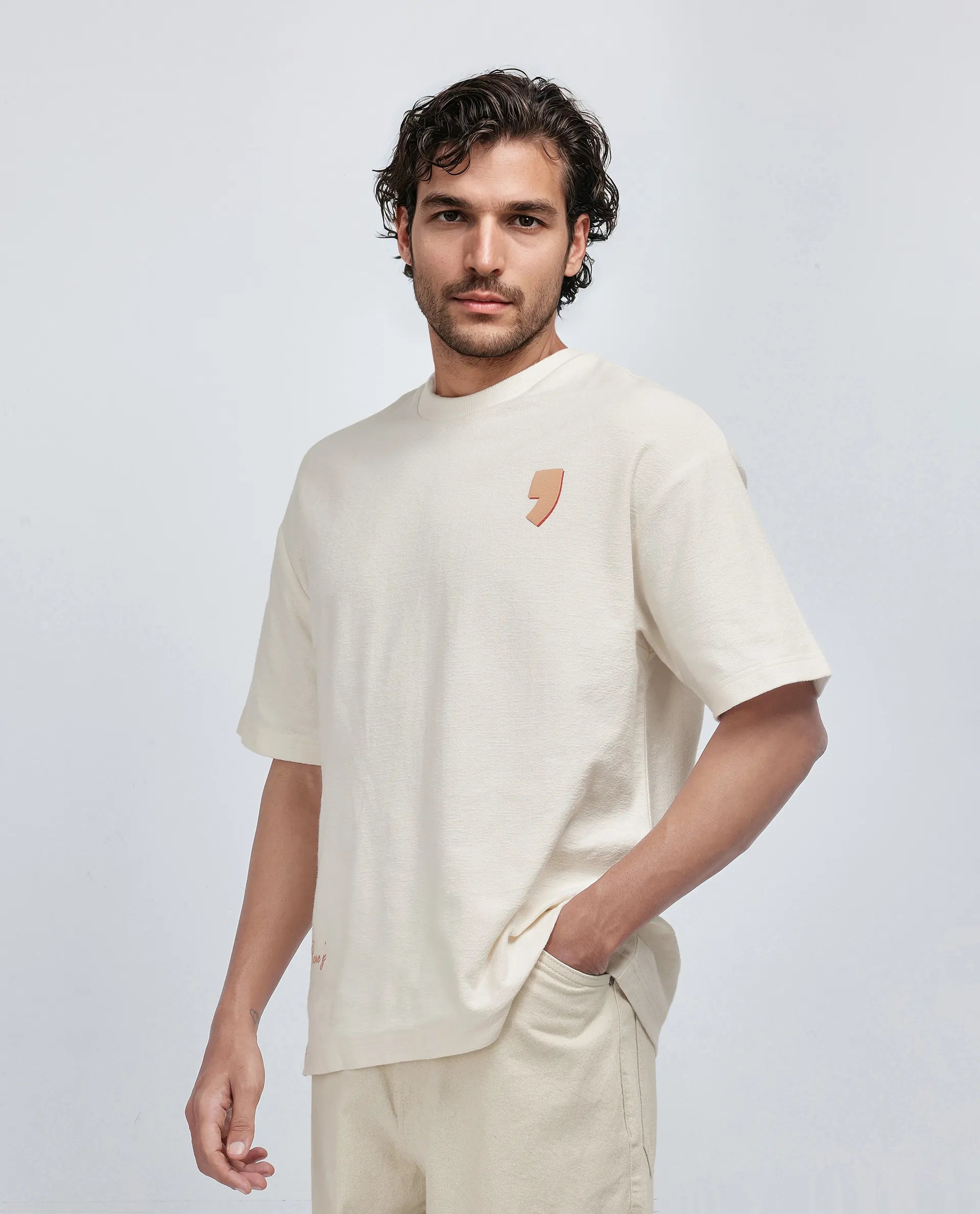 Rare Rabbit Men Marsa Off White Cotton Blend Short Sleeve Slip-On Oversized Fit Jacquard T-Shirt